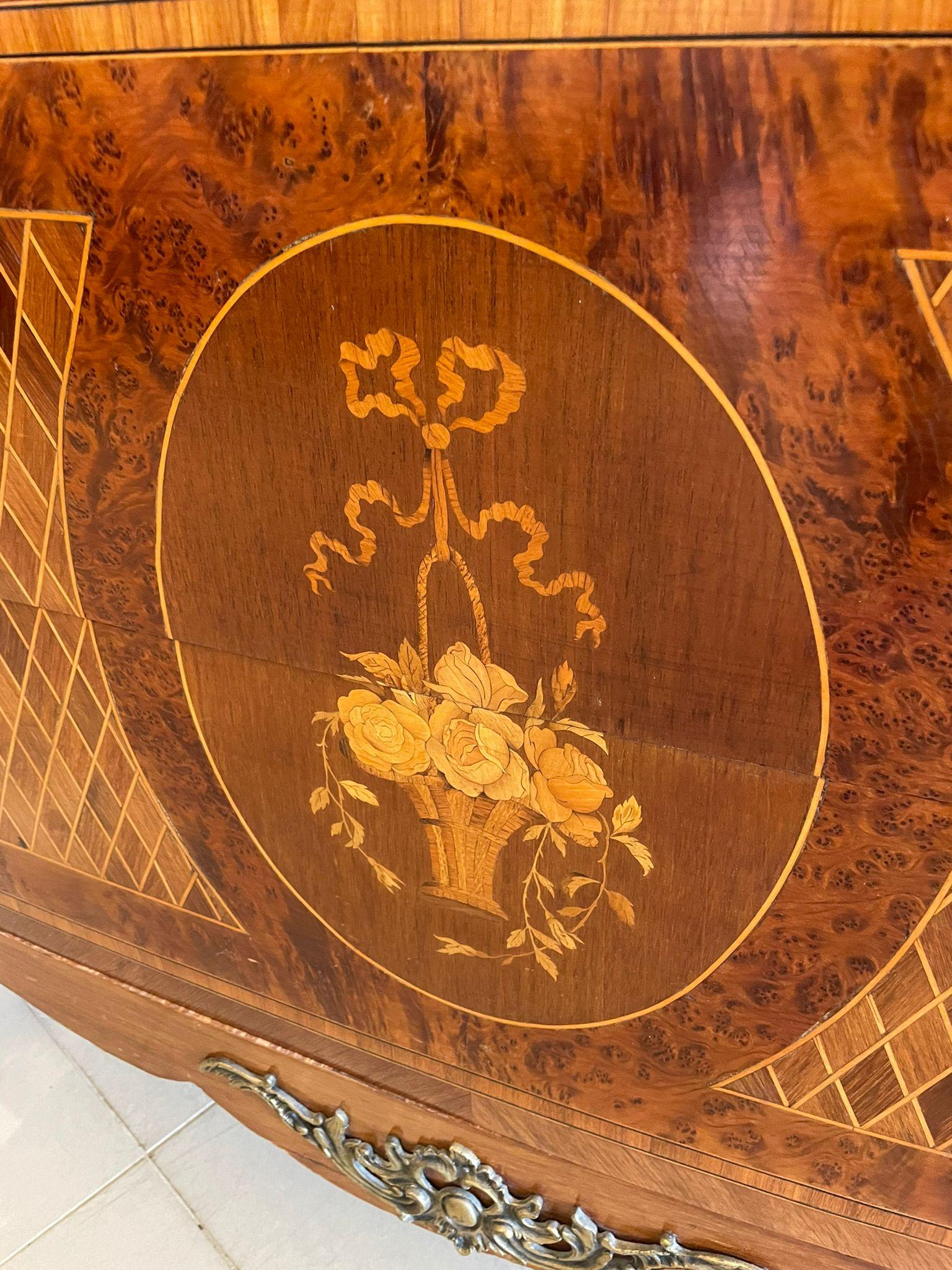 Antique Quality French Kingwood & Marquetry Inlaid Marble Top Chest of Drawers For Sale 2