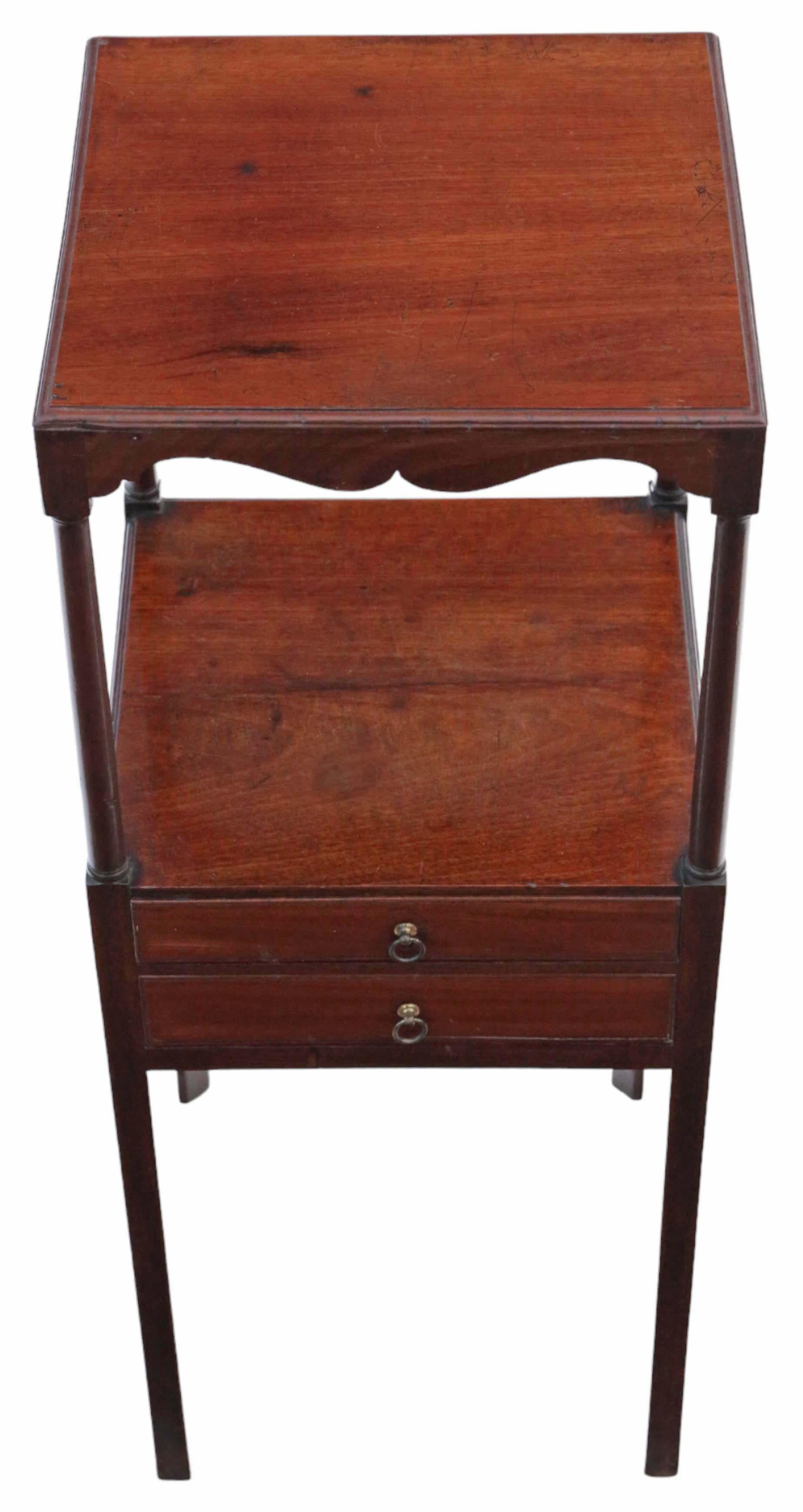 Antique mahogany washstand, bedside table, or Georgian nightstand dating back to circa 1800.

This rare and remarkable piece remains solid with no loose joints, and the drawer smoothly slides open. The item exudes a charming age, color, and