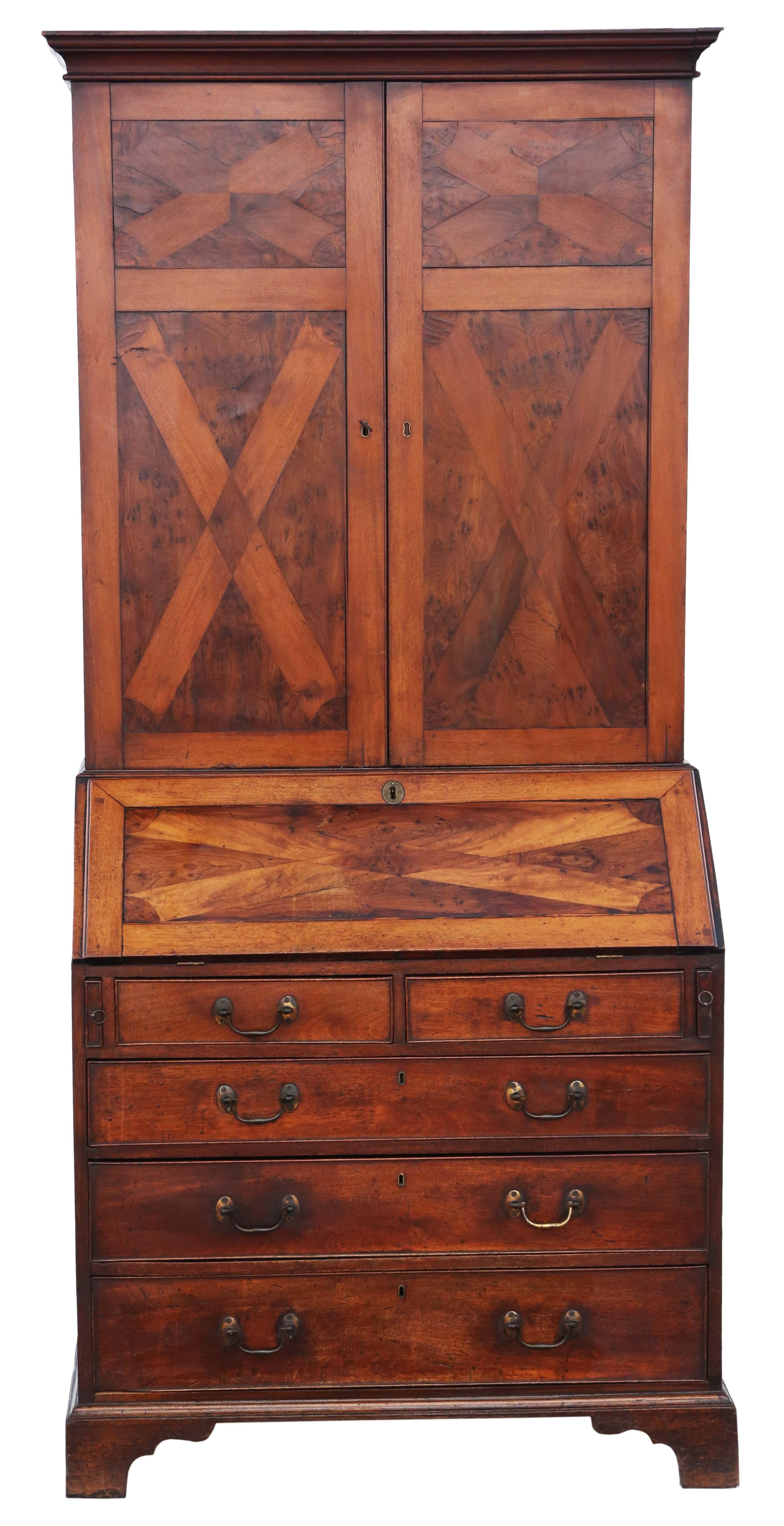 Antique quality Georgian C1800 yew, burr yew and mahogany housekeeper's bureau cupboard bookcase. Sometimes known as an estate cupboard. A wonderful rare quality period piece.

Solid and strong, with no loose joints. Full of age, character and