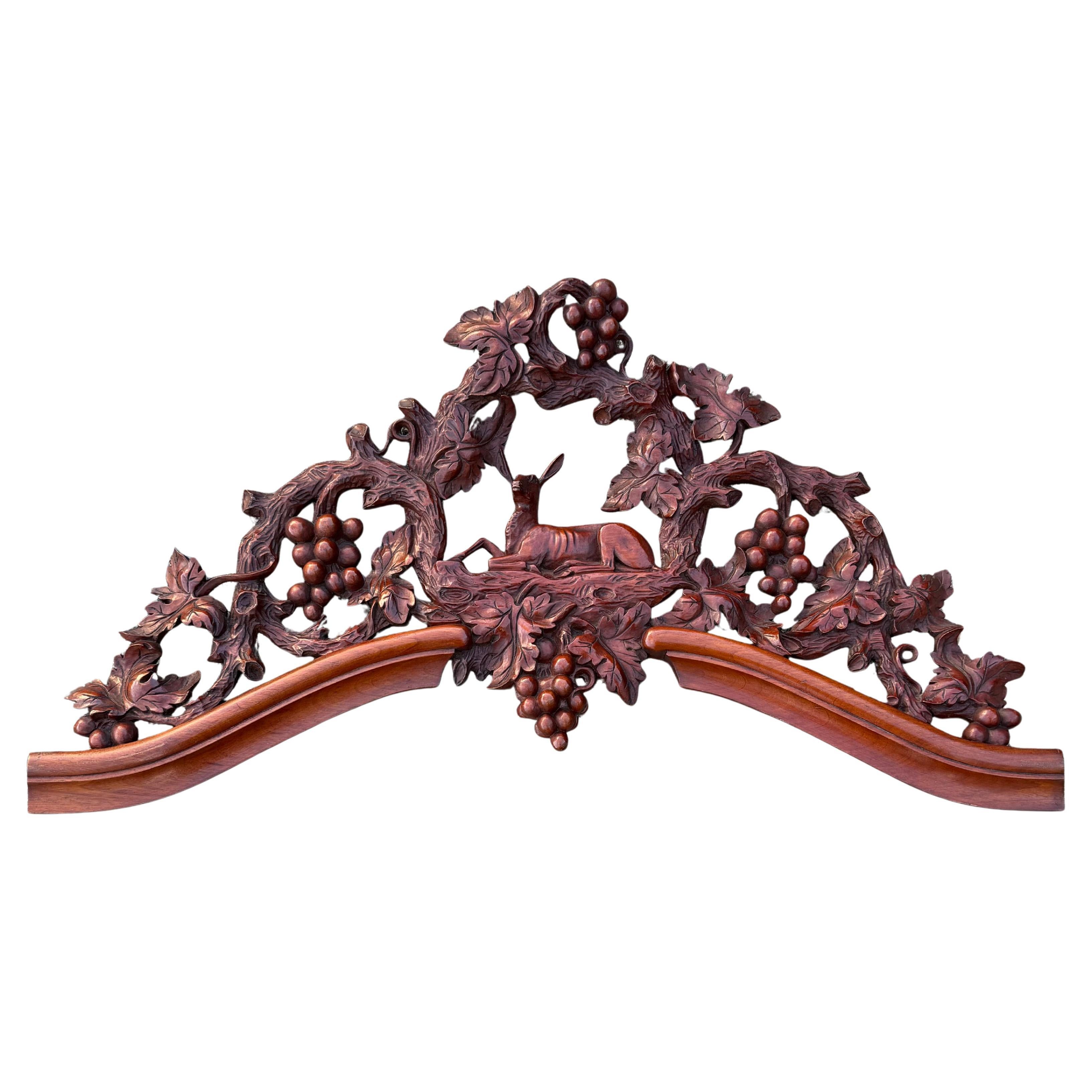 Antique Quality Hand Carved Solid Wood Overdoor Panel with Deer and Grape Motif For Sale