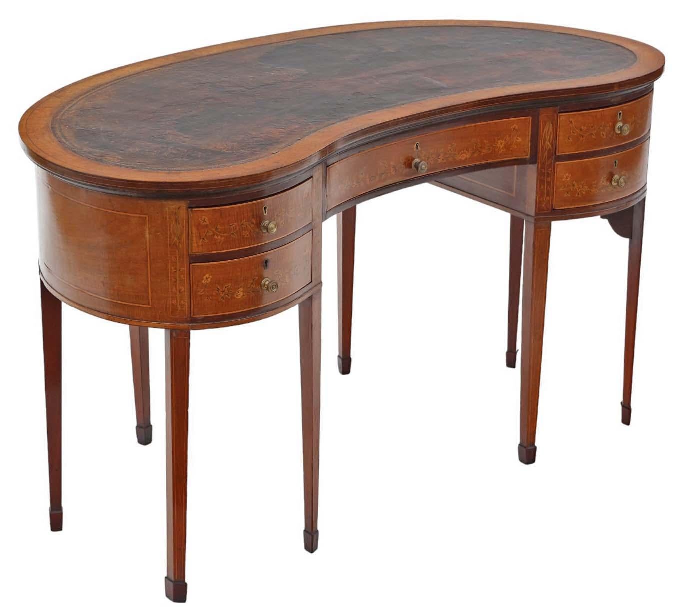 Antique quality large inlaid mahogany kidney shaped desk writing dressing table In Good Condition For Sale In Wisbech, Cambridgeshire