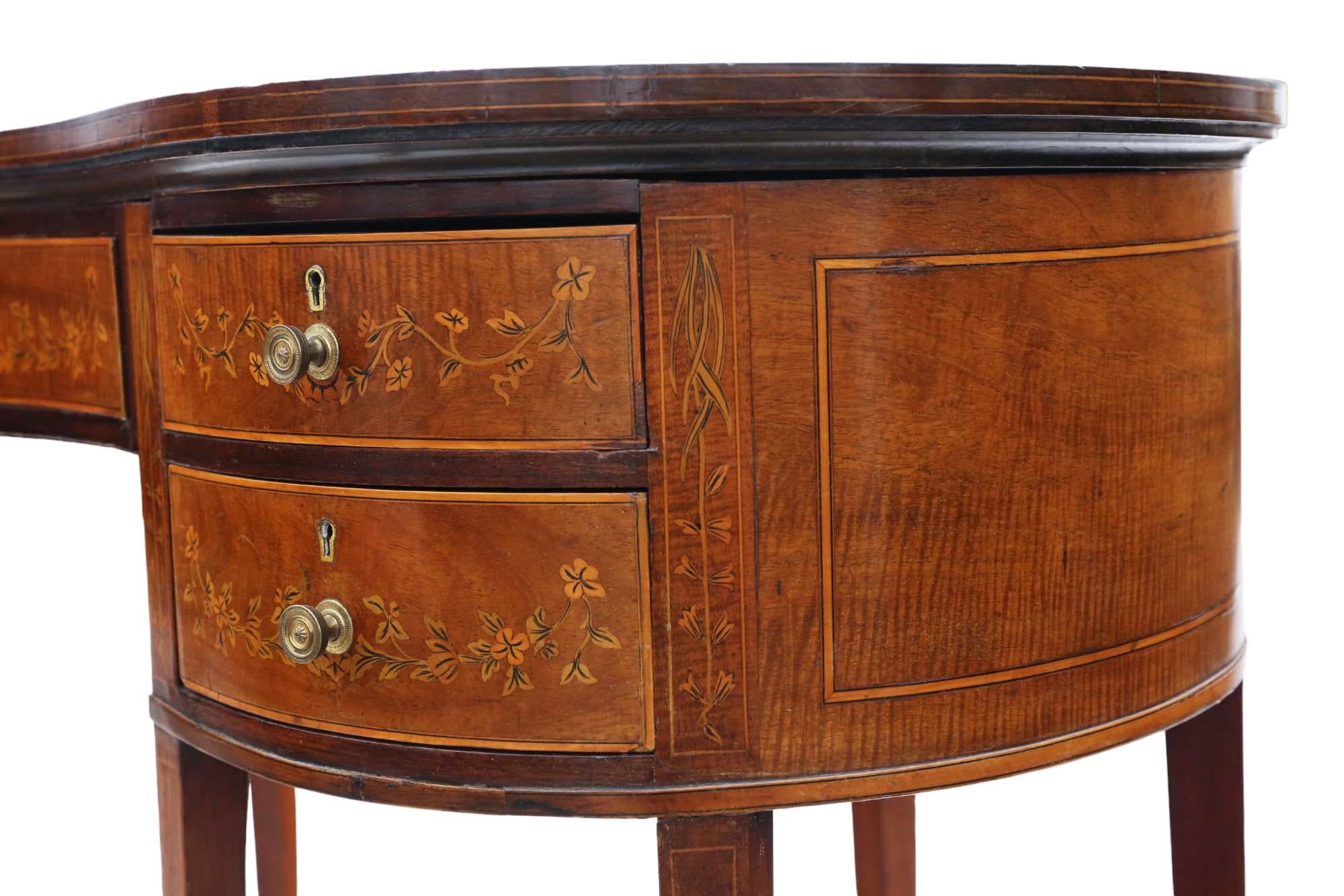 Wood Antique quality large inlaid mahogany kidney shaped desk writing dressing table For Sale