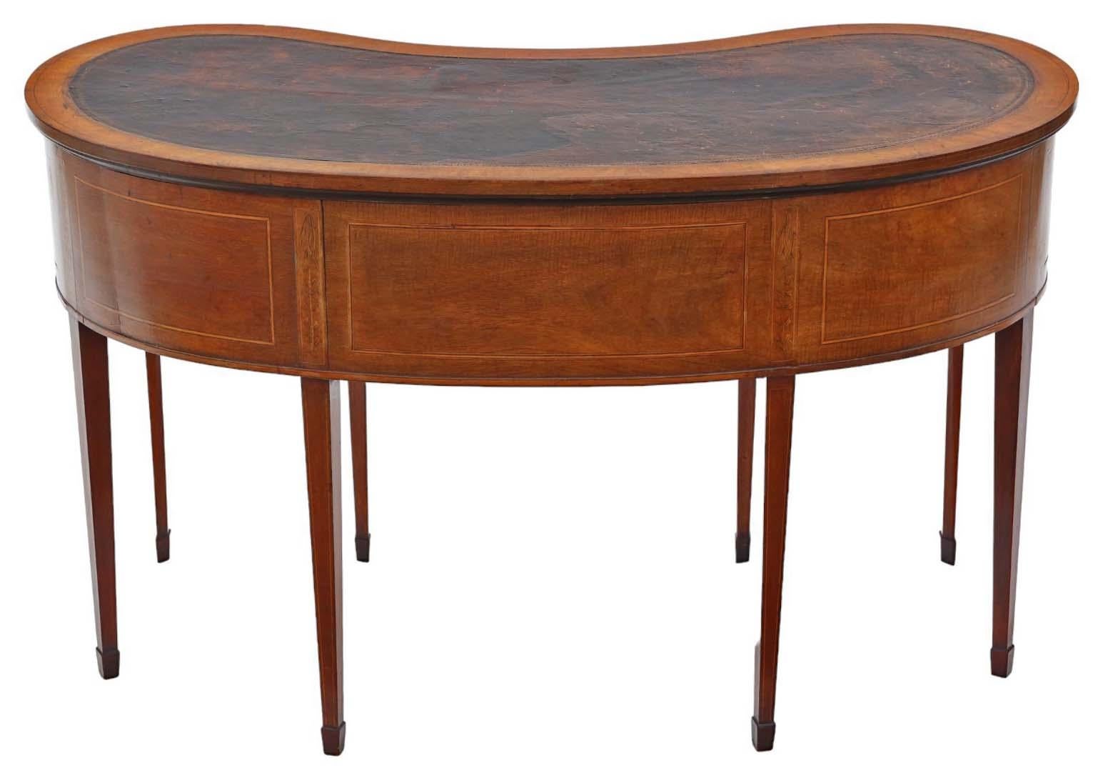 Antique quality large inlaid mahogany kidney shaped desk writing dressing table For Sale 1