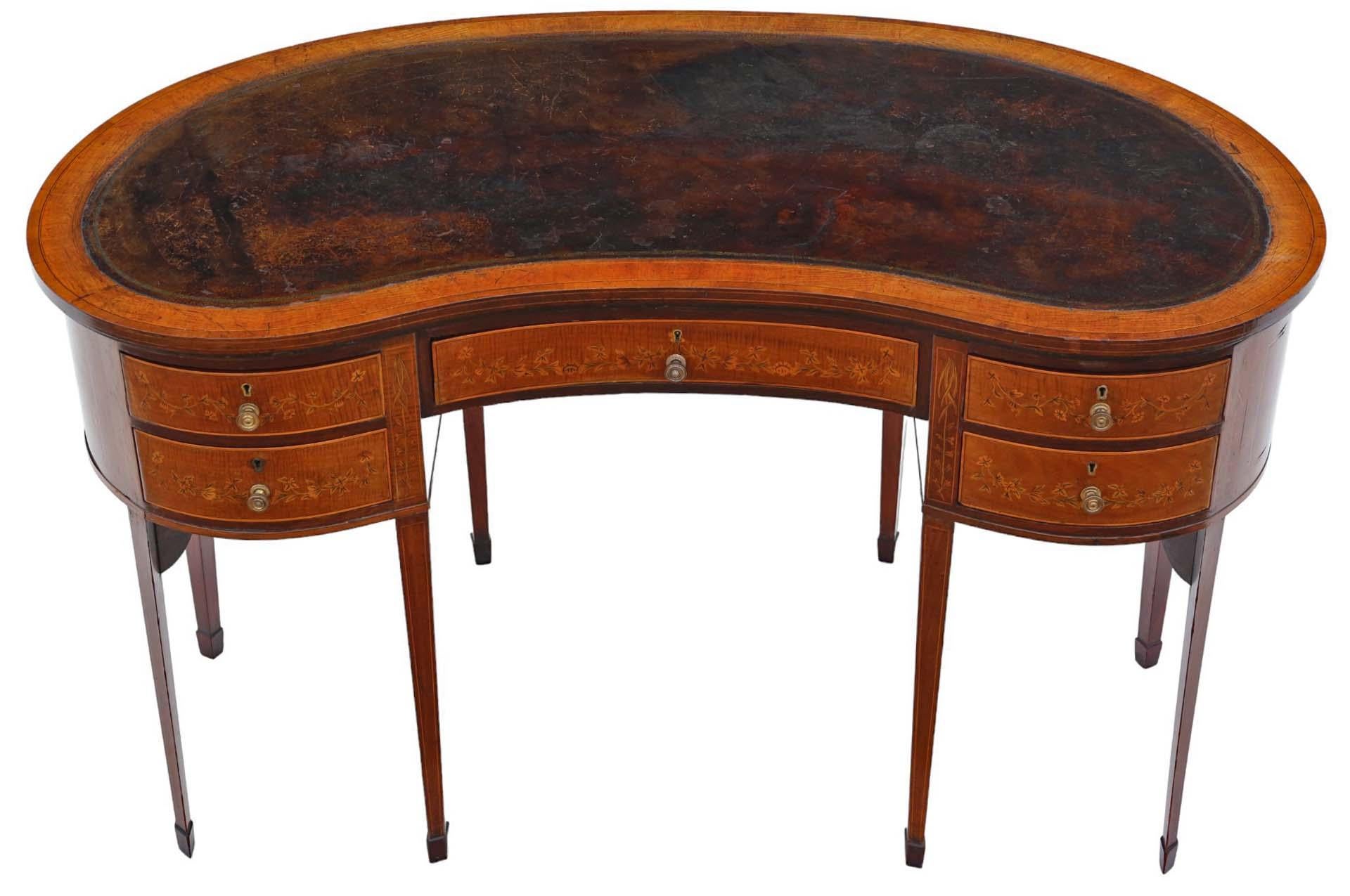 Antique quality large inlaid mahogany kidney shaped desk writing dressing table For Sale 4