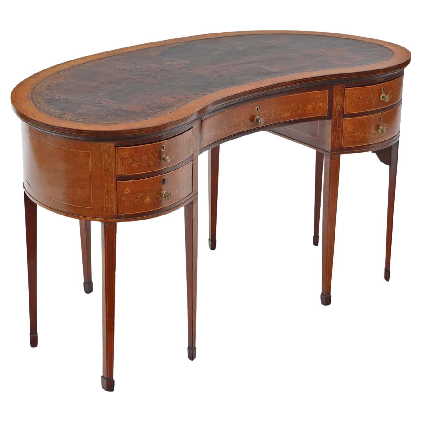 Antique quality large inlaid mahogany kidney shaped desk writing dressing table For Sale