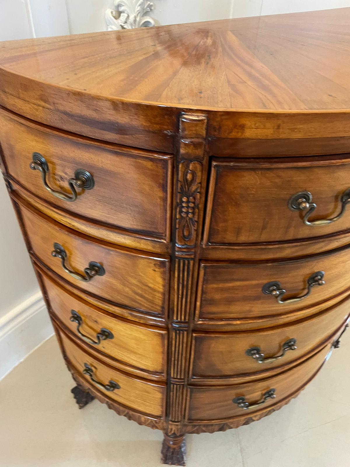 English Antique Quality Mahogany and Satinwood Demi Lune Shaped Chest of 12 Drawers
