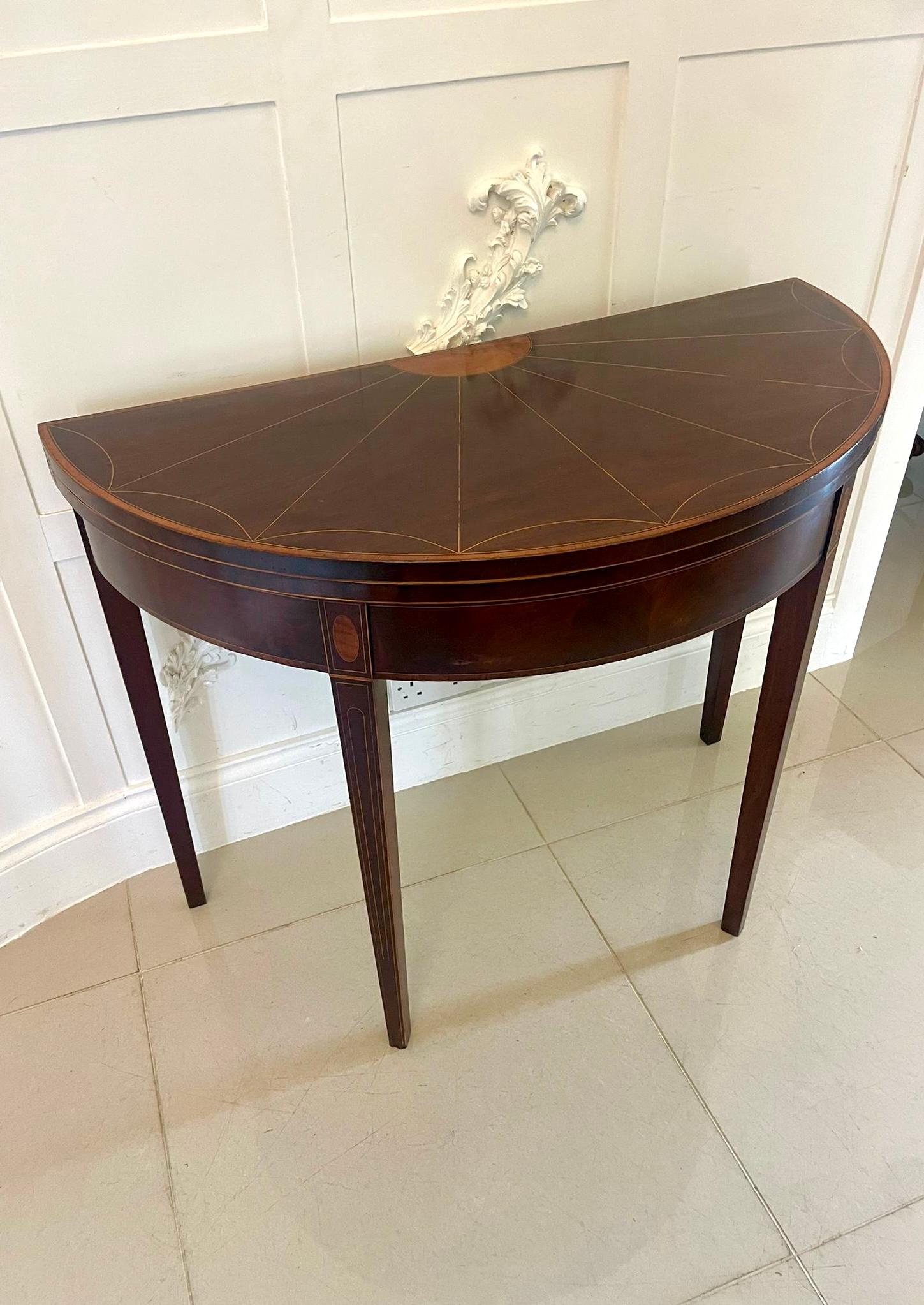 George III Antique Quality Mahogany and Satinwood Inlaid Demi Lune Shaped Console Table For Sale
