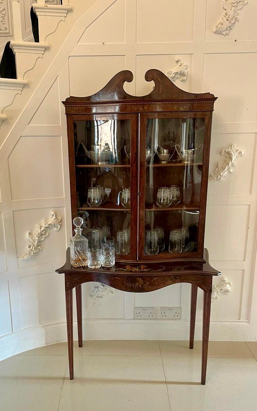 Ancienne vitrine de qualité victorienne en acajou avec décoration peinte d'origine présentant un fronton en col de cygne au-dessus d'une paire de portes vitrées en acajou en forme de serpentin avec décoration peinte d'origine s'ouvrant pour révéler