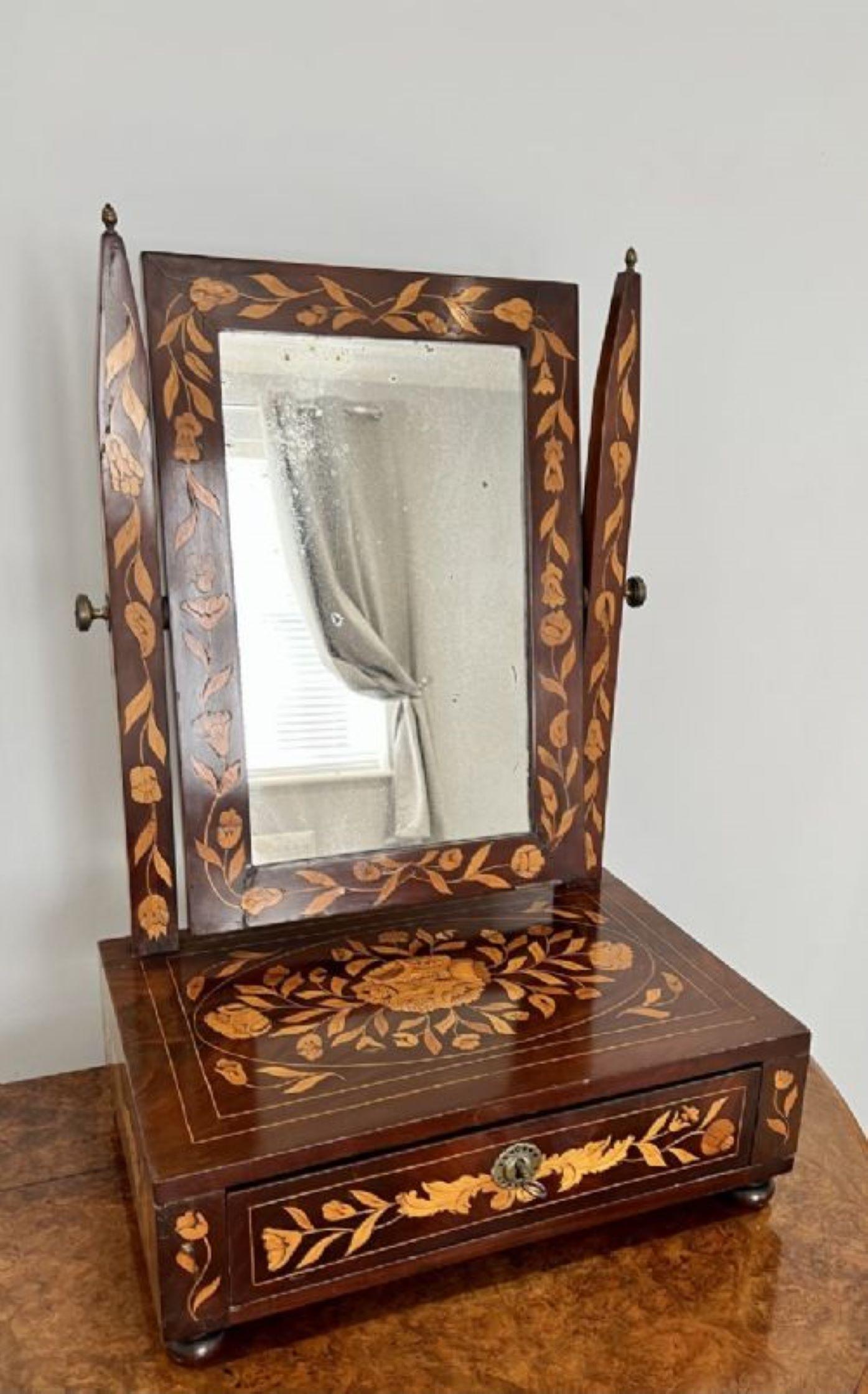 Antique quality mahogany Dutch marquetry inlaid dressing table mirror, quality antique Dutch marquetry inlaid tilting mirror above a marquetry inlaid base with one drawer working lock and key raised on original turned feet 