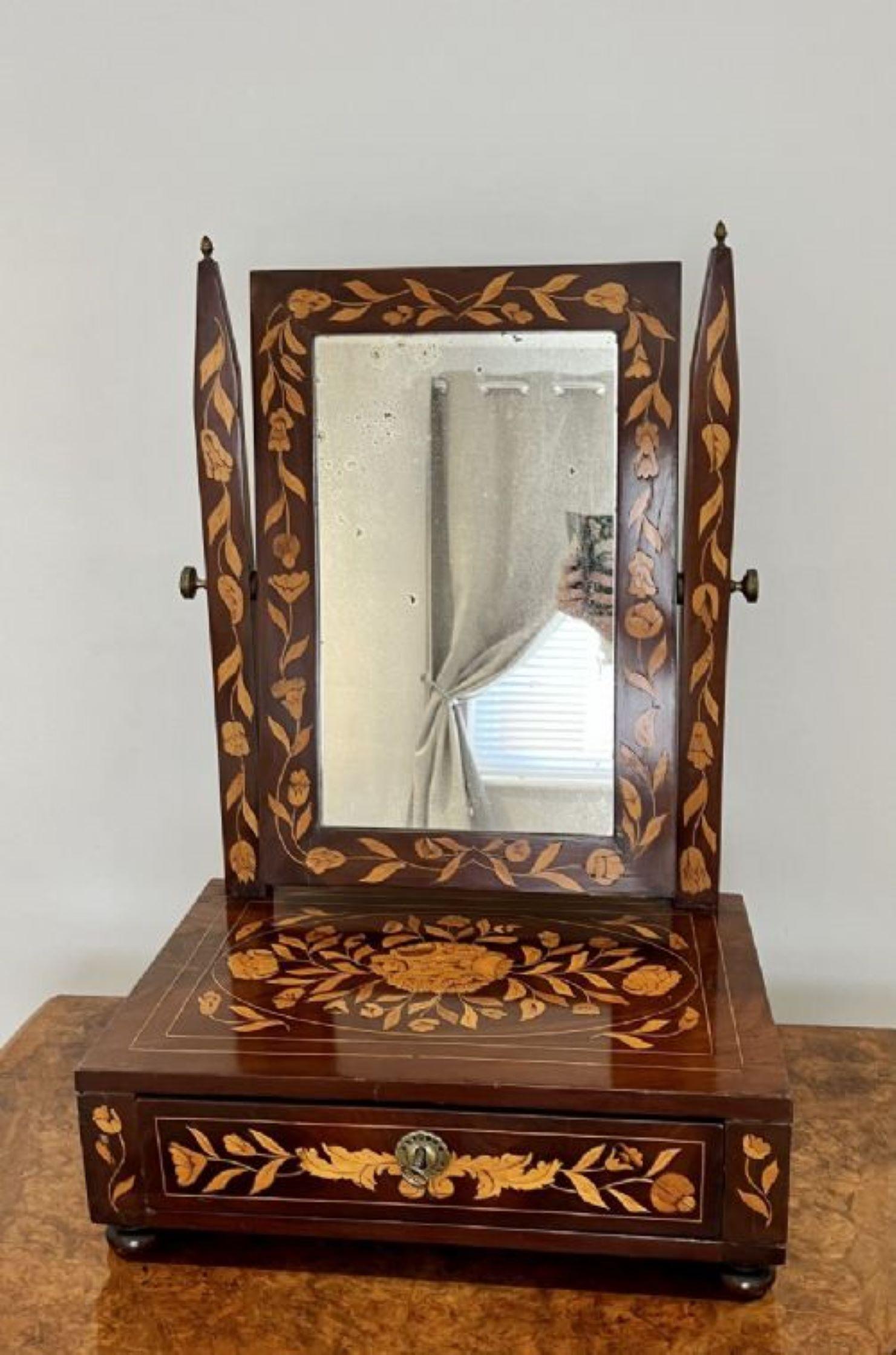 Antique quality mahogany Dutch marquetry inlaid dressing table mirror  In Good Condition For Sale In Ipswich, GB