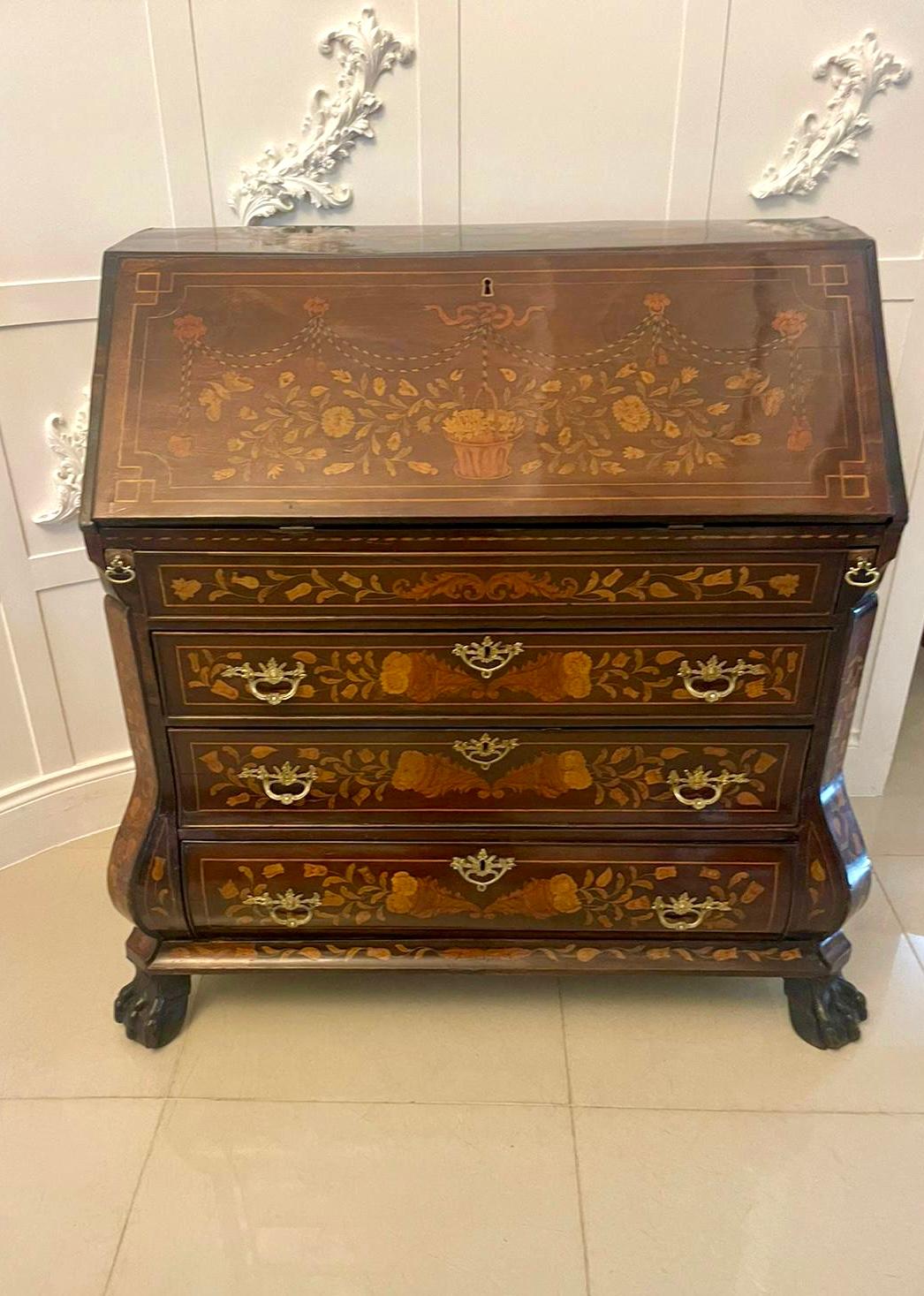Antique Quality Mahogany Floral Marquetry Inlaid Bombe Shaped Burea For Sale 8
