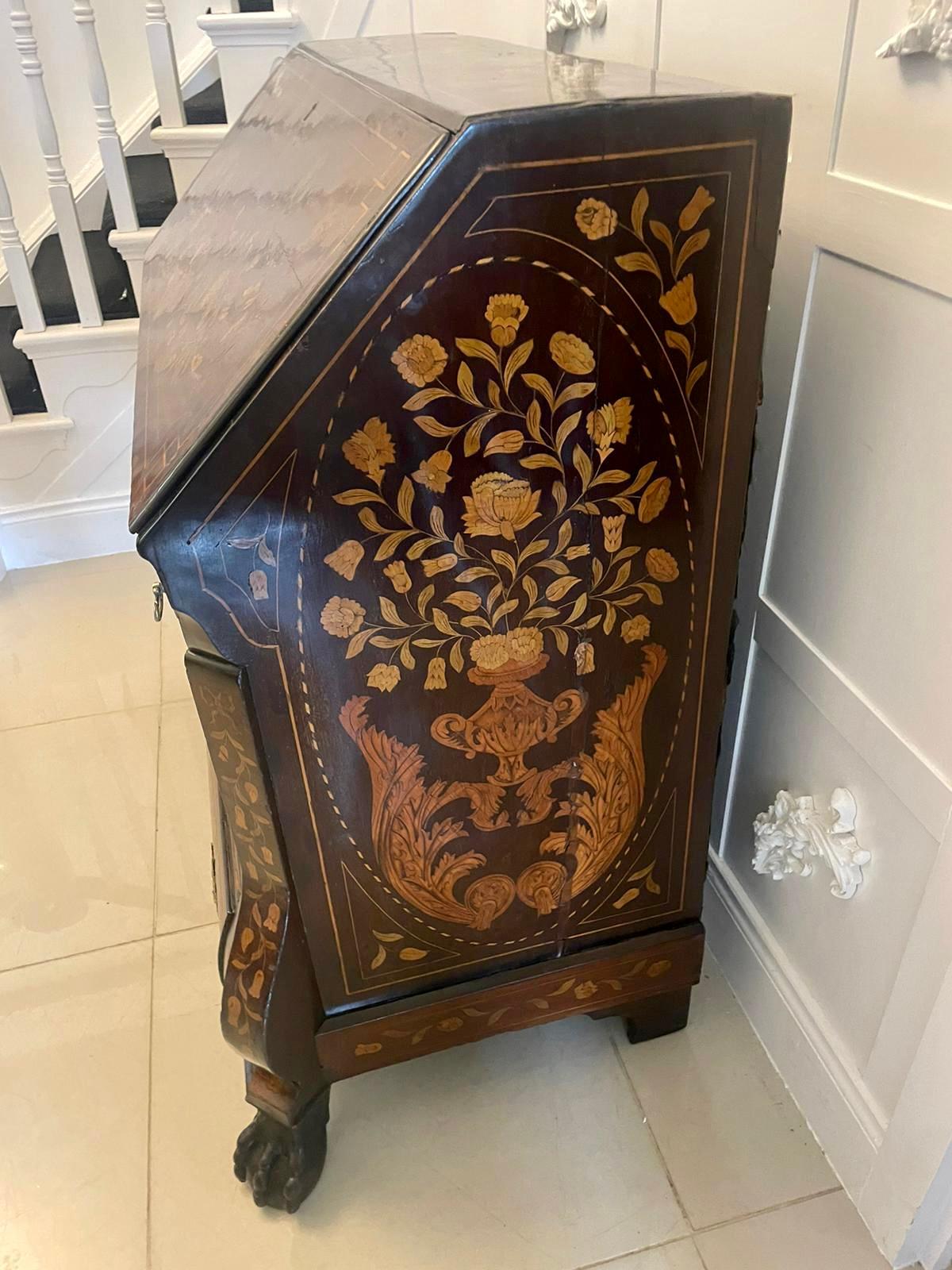 Antique Quality Mahogany Floral Marquetry Inlaid Bombe Shaped Bureau For Sale 3