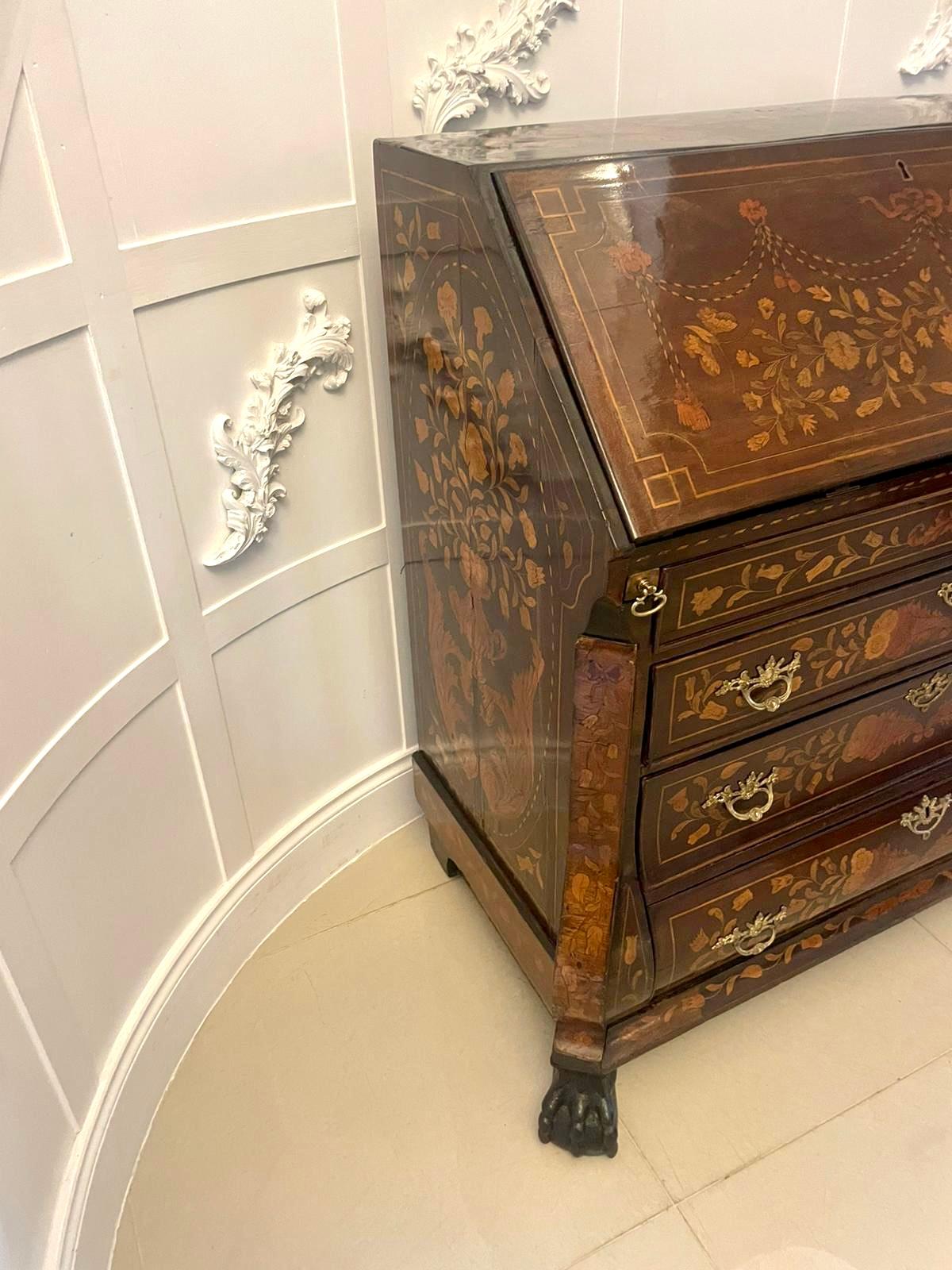 Antique Quality Mahogany Floral Marquetry Inlaid Bombe Shaped Bureau For Sale 6