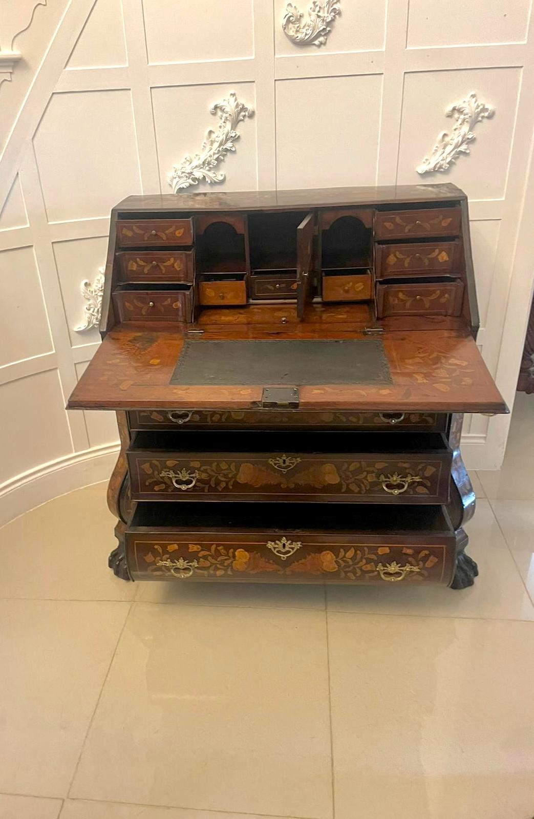 Antique Quality Mahogany Floral Marquetry Inlaid Bombe Shaped Bureau In Good Condition For Sale In Suffolk, GB