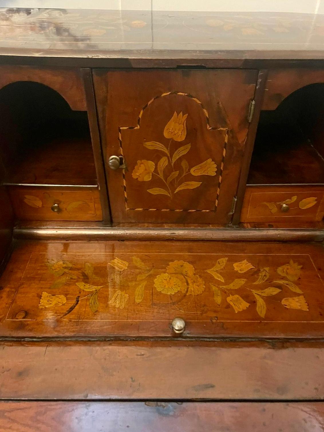 18th Century and Earlier Antique Quality Mahogany Floral Marquetry Inlaid Bombe Shaped Bureau For Sale