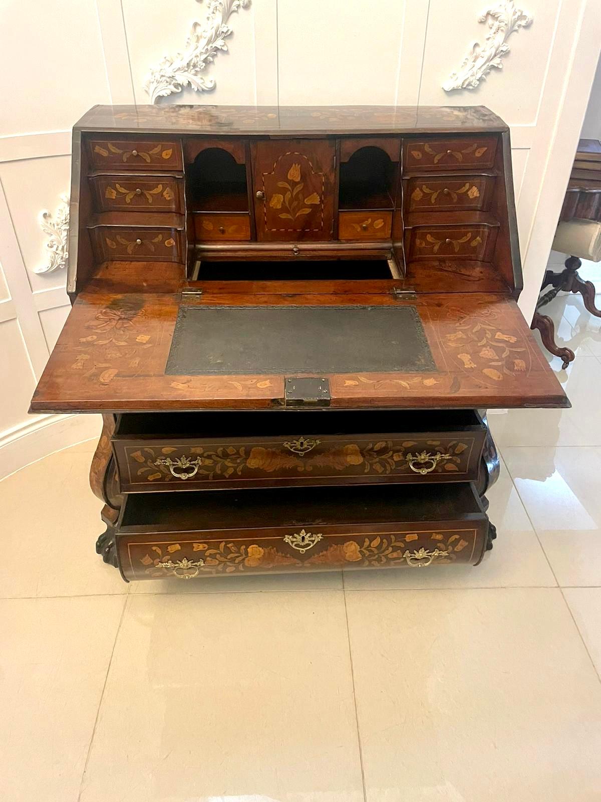 Other Antique Quality Mahogany Floral Marquetry Inlaid Bombe Shaped Bureau For Sale