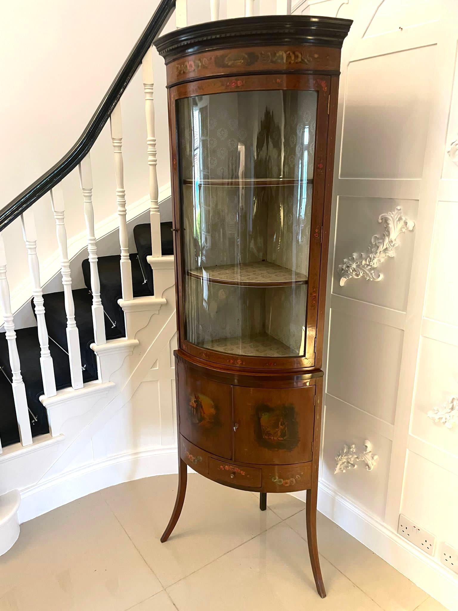 Victorian Antique Quality Mahogany & Painted Decorated Bow Fronted Corner Display Cabinet For Sale