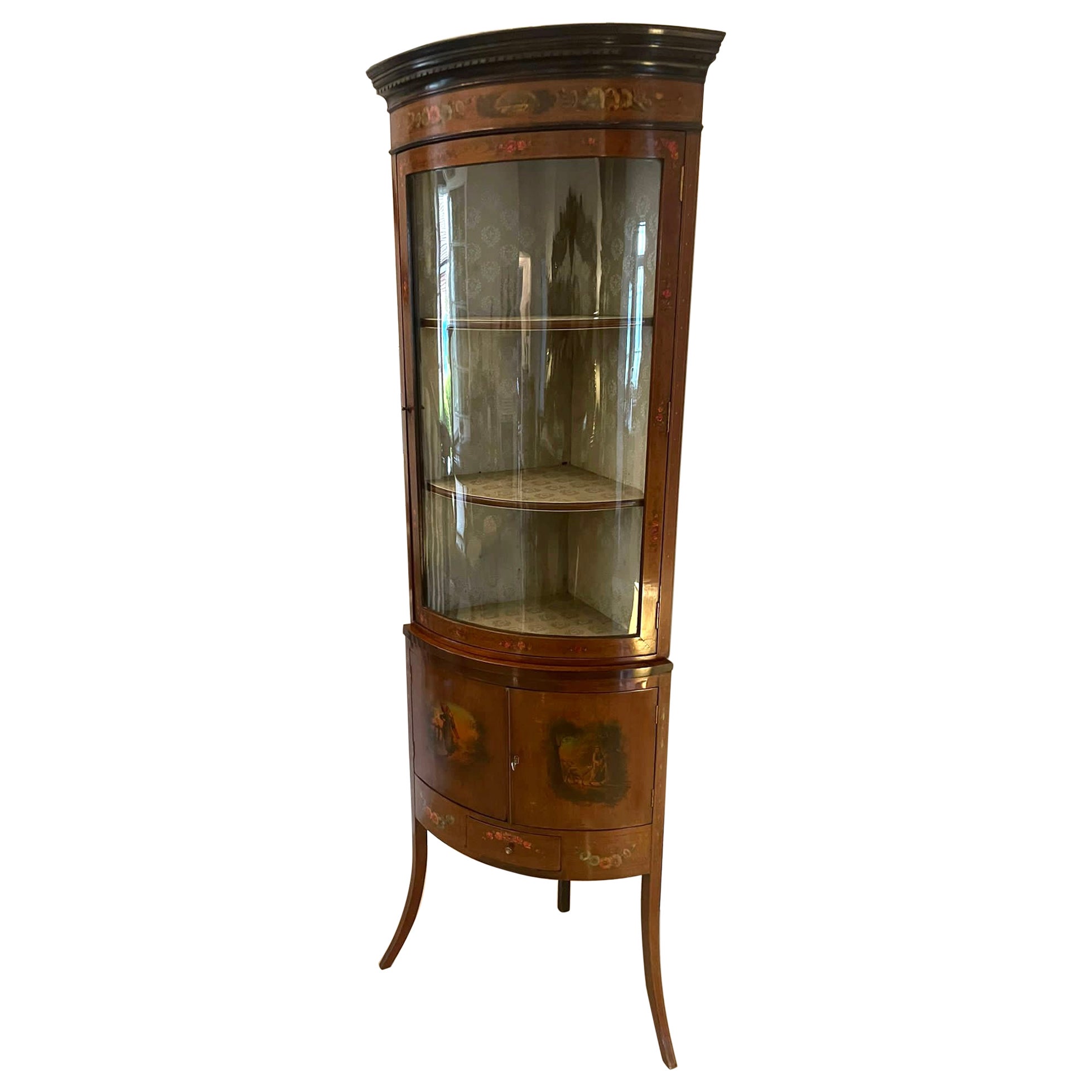 Antique Quality Mahogany & Painted Decorated Bow Fronted Corner Display Cabinet