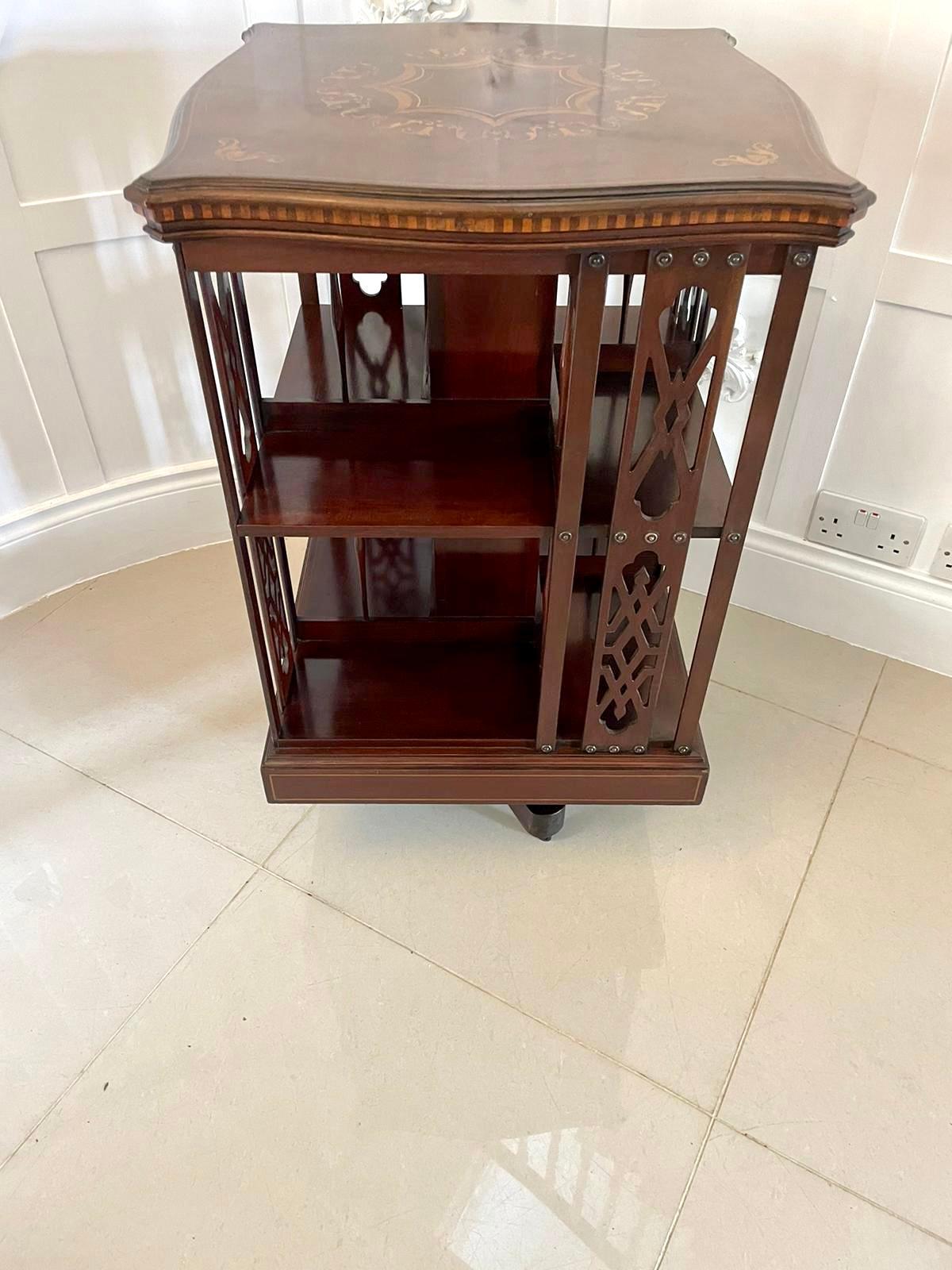 Antique Quality Marquetry Inlaid Mahogany Free Standing Revolving Bookcase 4