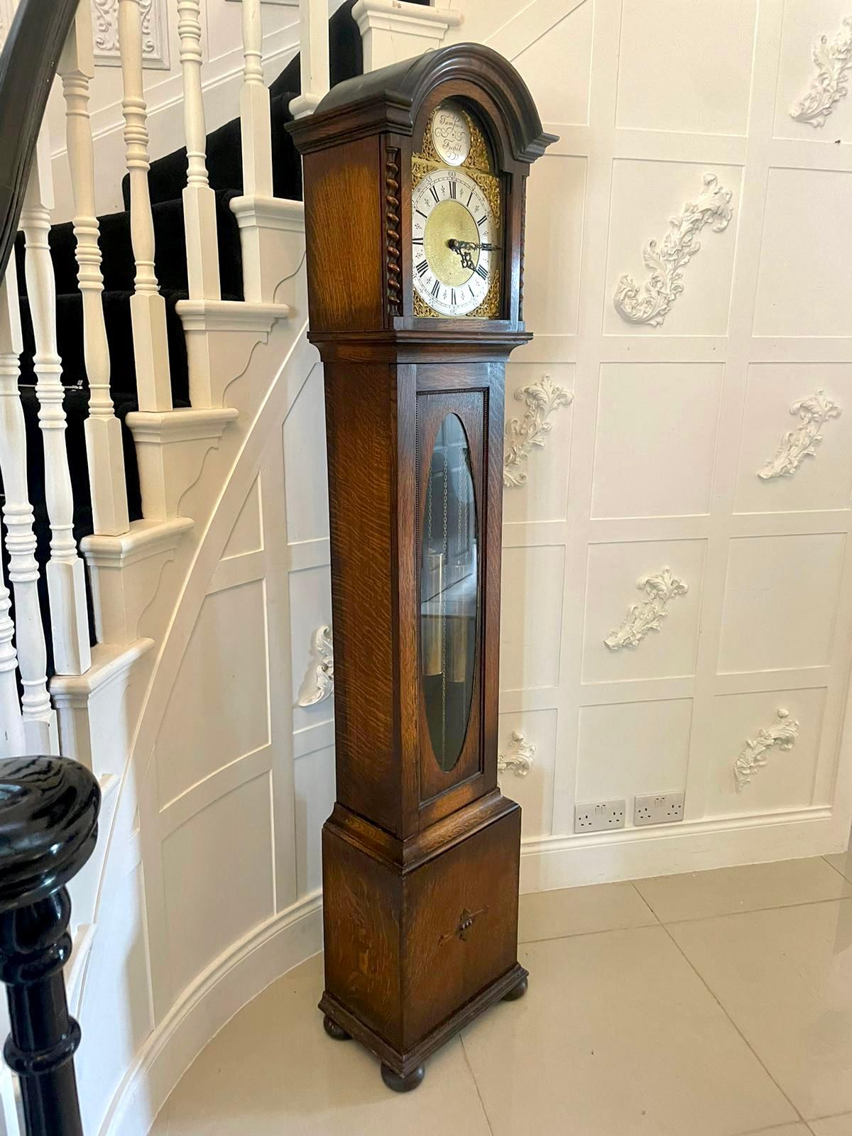 Antique Quality Oak Brass Face Chiming Grandmother Clock  7