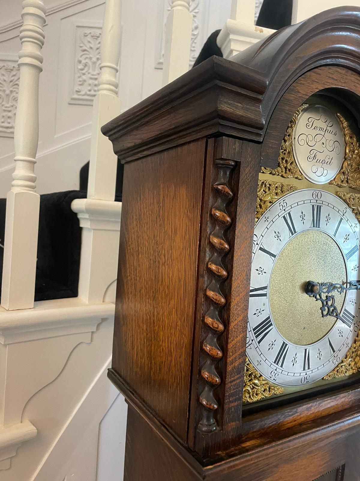 Antique Quality Oak Brass Face Chiming Grandmother Clock  In Good Condition In Suffolk, GB