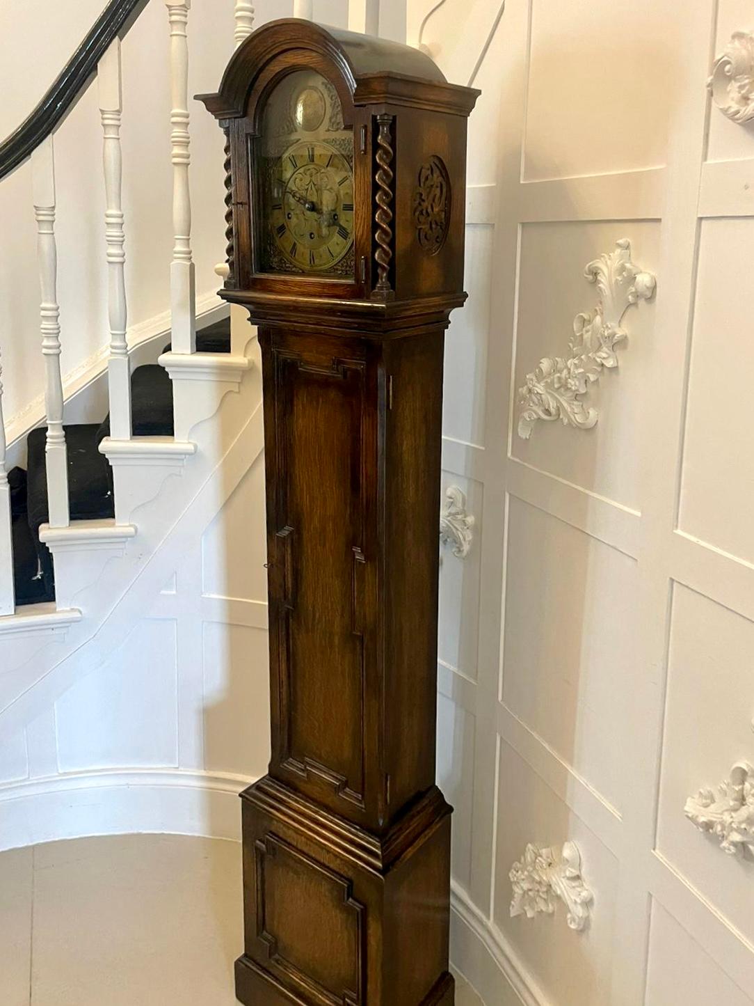 Antique Quality Oak Brass Face Eight Day Chiming Grandmother Clock For Sale 5