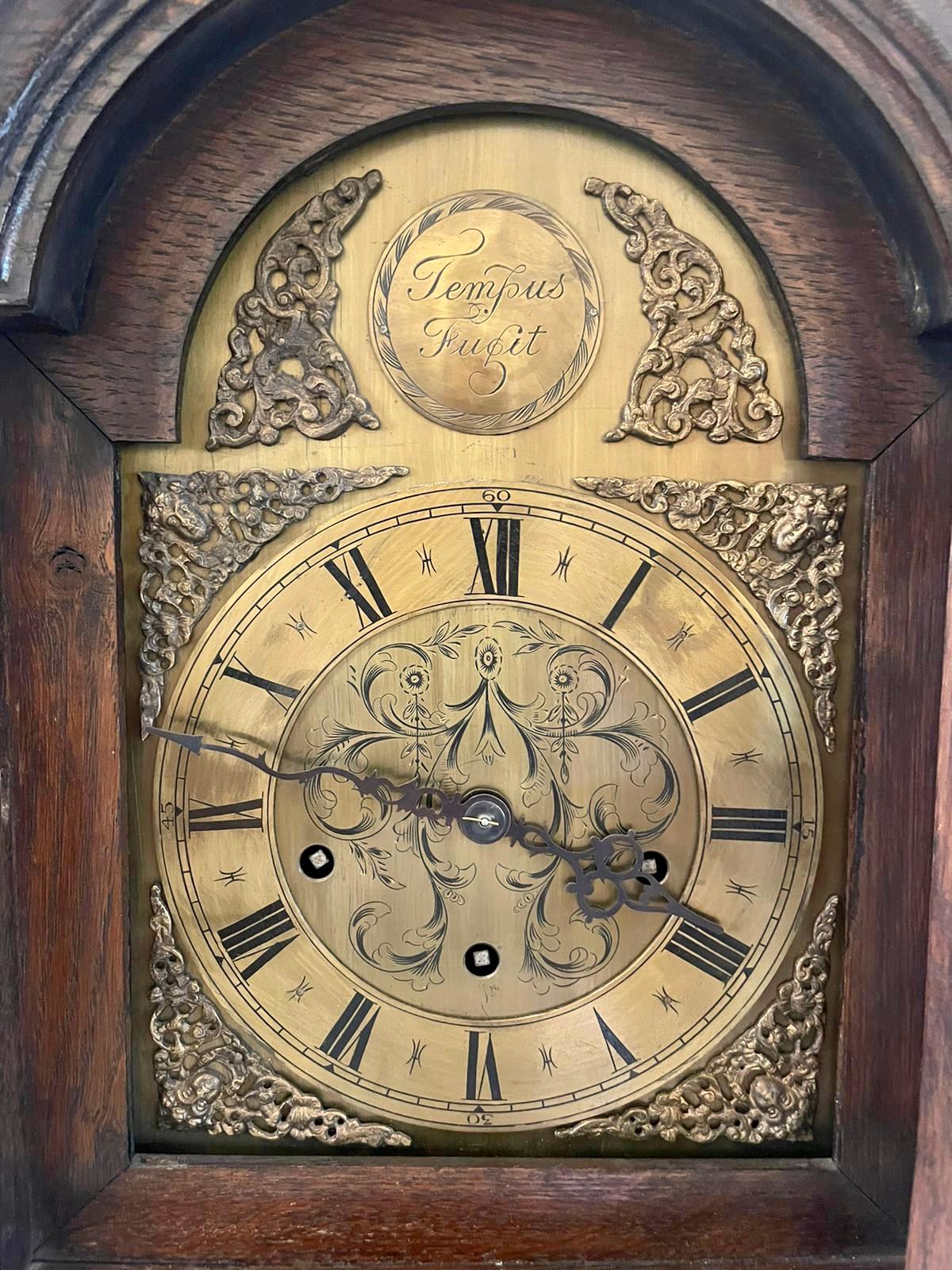 Antique Quality Oak Brass Face Eight Day Chiming Grandmother Clock For Sale 10