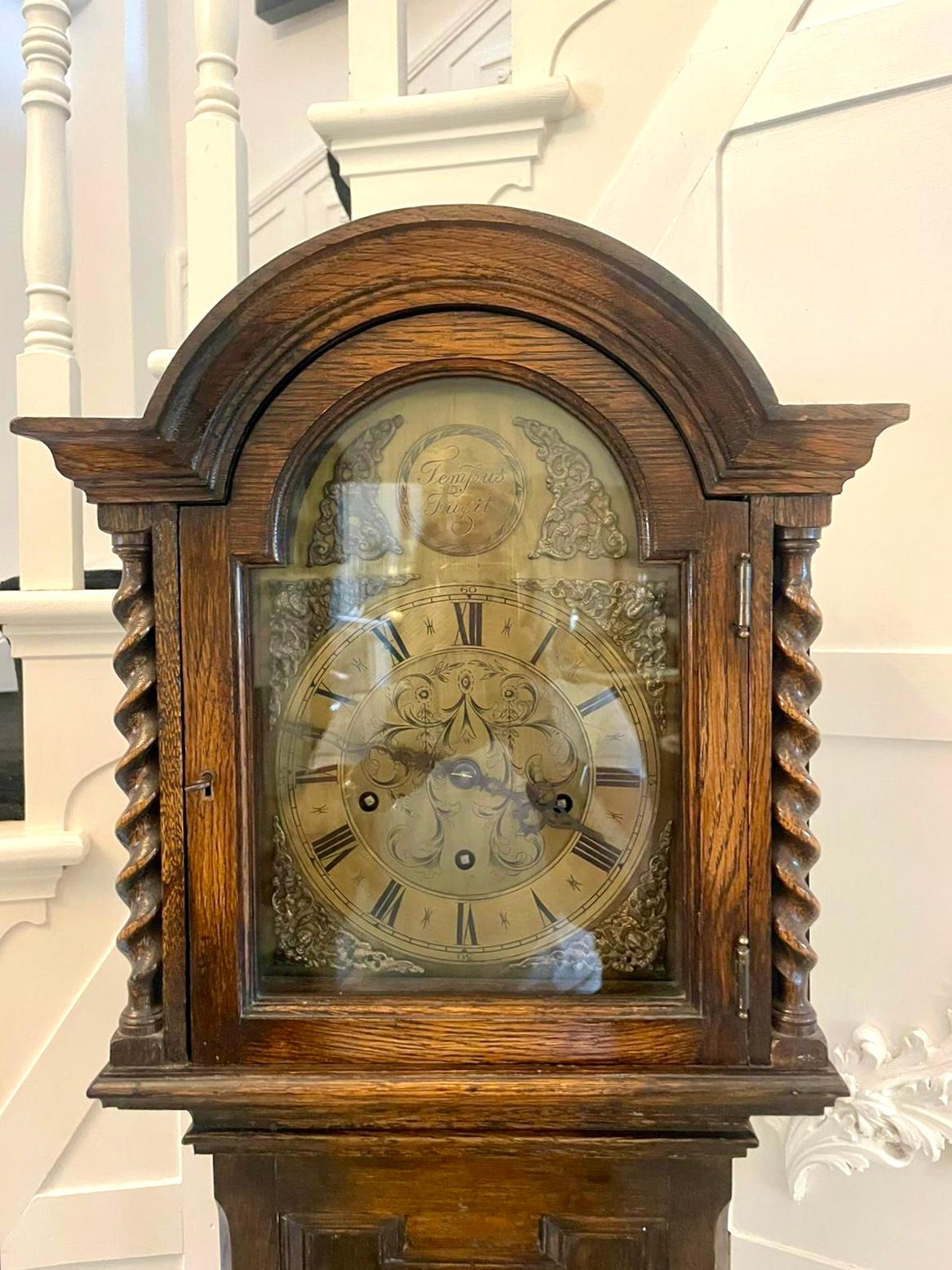 Antique Quality Oak Brass Face Eight Day Chiming Grandmother Clock For Sale 11