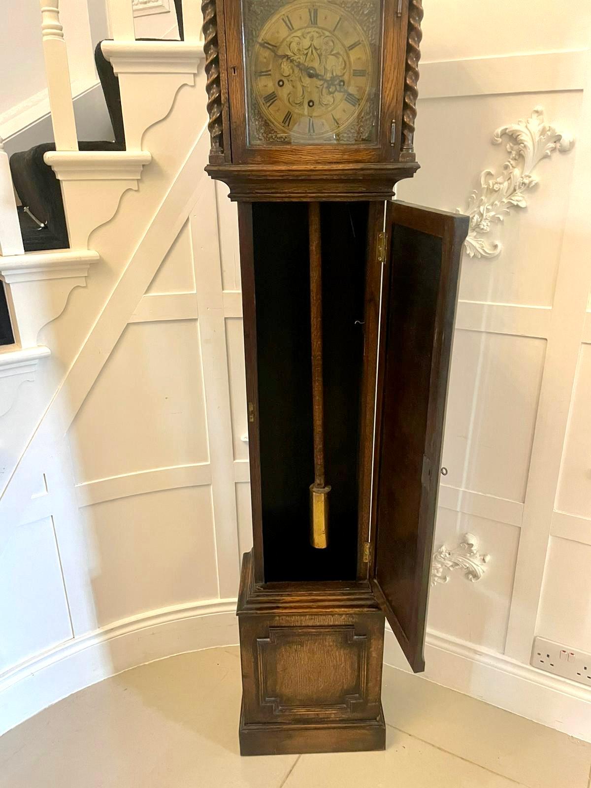 Antique Quality Oak Brass Face Eight Day Chiming Grandmother Clock For Sale 3