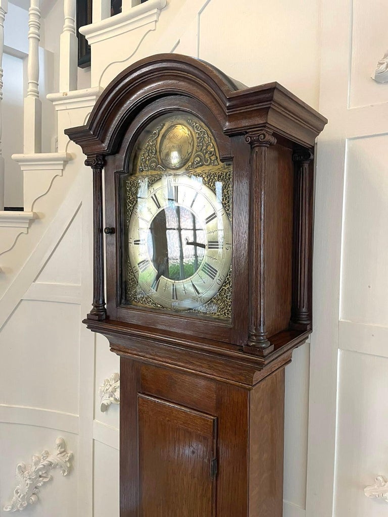 Antique Quality Oak Three Train Chiming Brass Face Longcase Clock For Sale 5