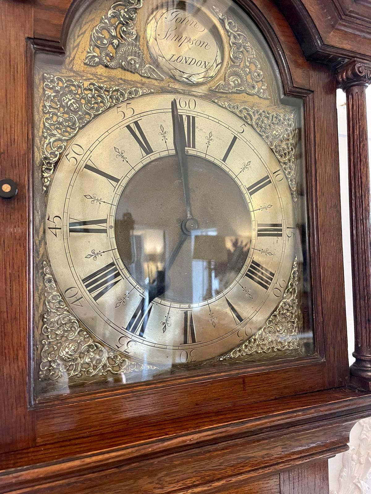 Antique Quality Oak Three Train Chiming Brass Face Longcase Clock 10