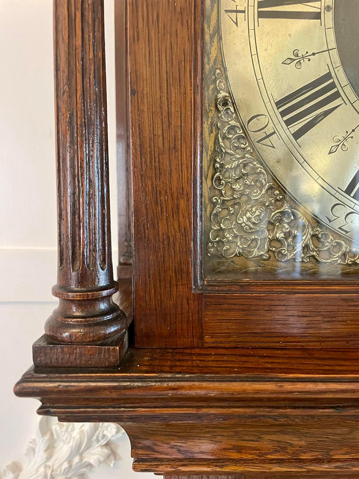 Antique Quality Oak Three Train Chiming Brass Face Longcase Clock 11