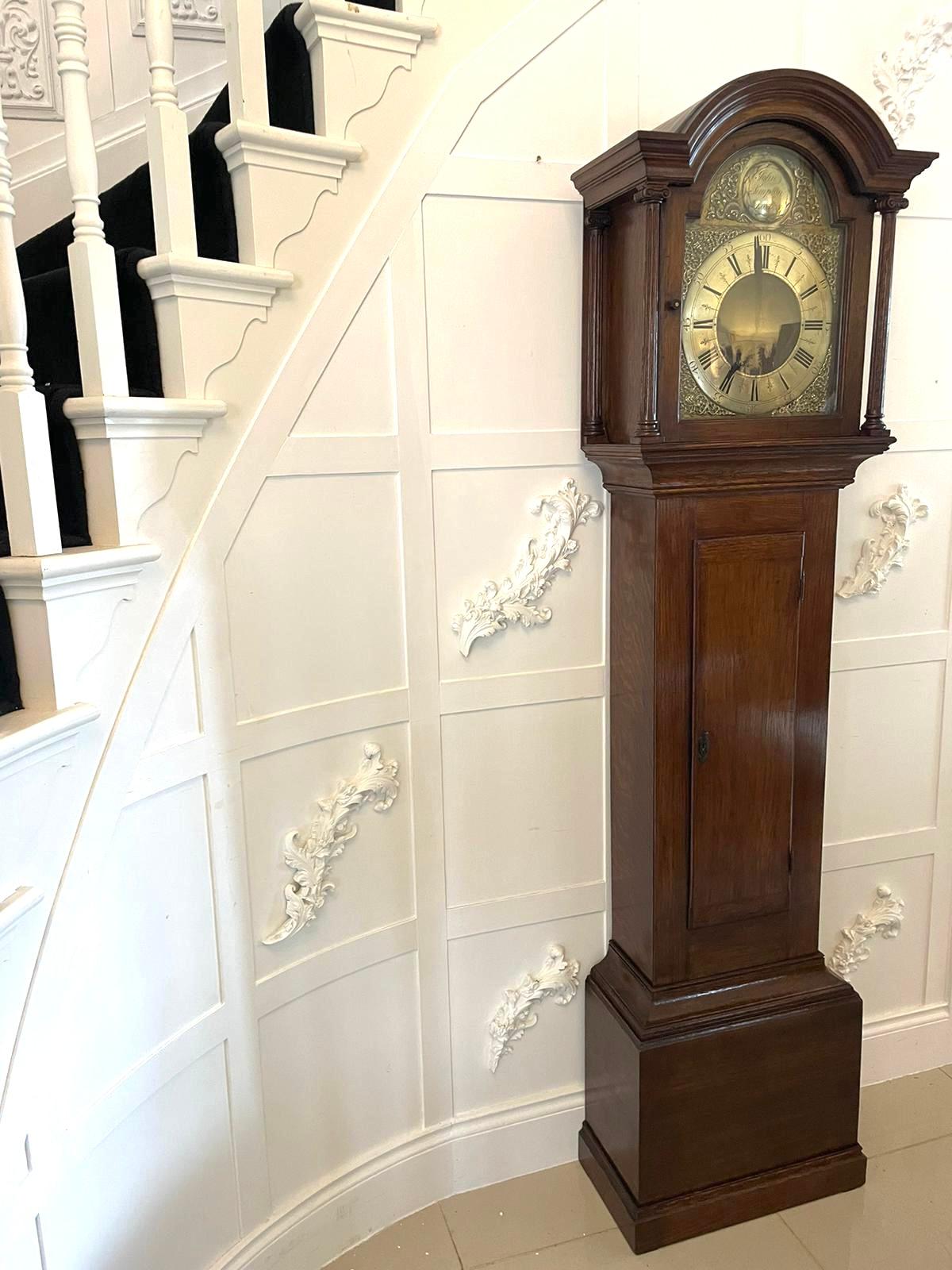English Antique Quality Oak Three Train Chiming Brass Face Longcase Clock