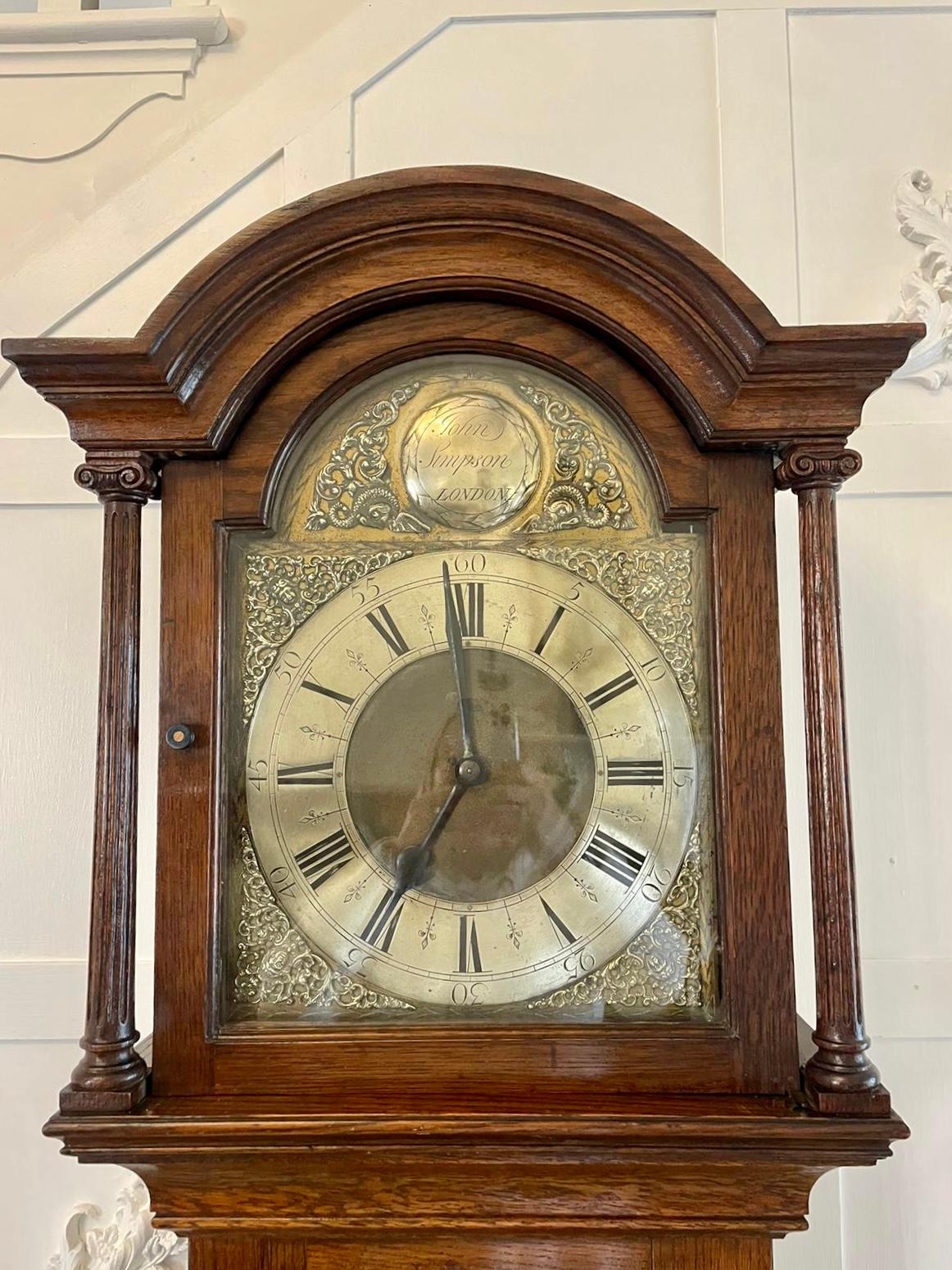Antique Quality Oak Three Train Chiming Brass Face Longcase Clock In Good Condition In Suffolk, GB