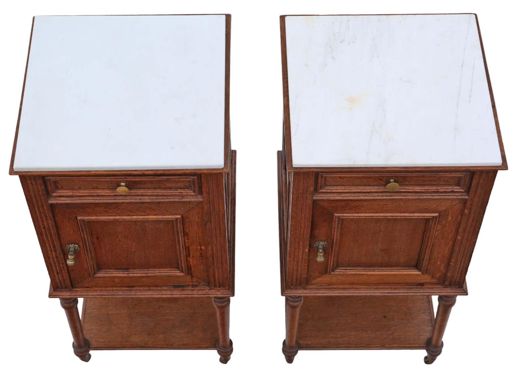 20th Century Antique quality pair of French oak bedside tables cupboards marble tops