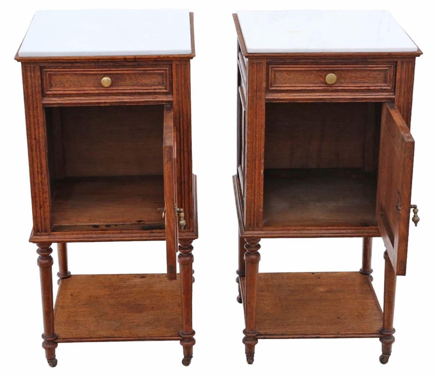 Oak Antique quality pair of French oak bedside tables cupboards marble tops