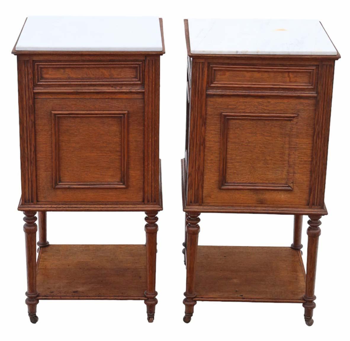 Antique quality pair of French oak bedside tables cupboards marble tops For Sale 2