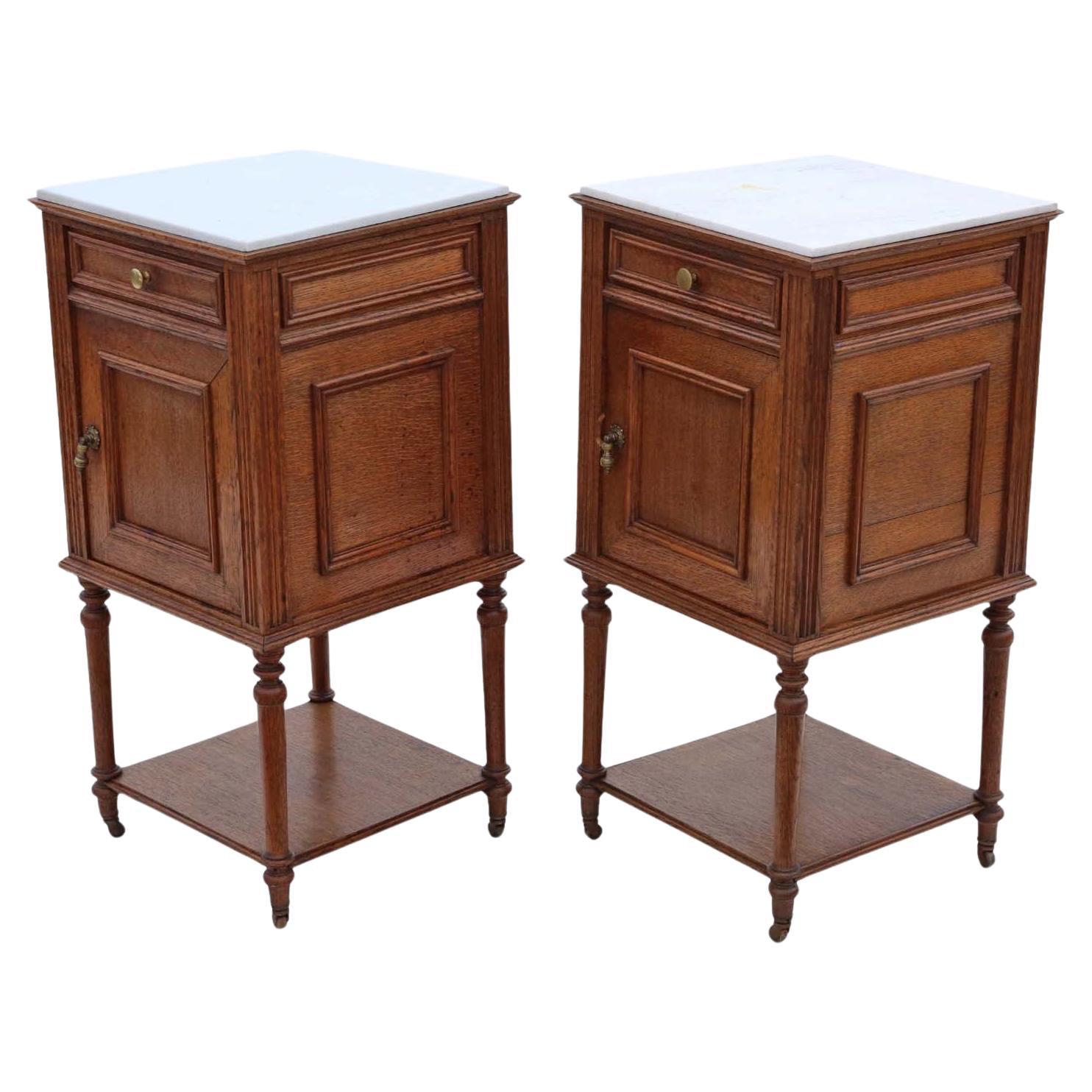 Antique quality pair of French oak bedside tables cupboards marble tops For Sale