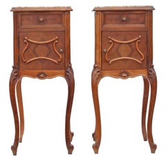 Antique quality pair of French walnut bedside tables cupboards marble tops