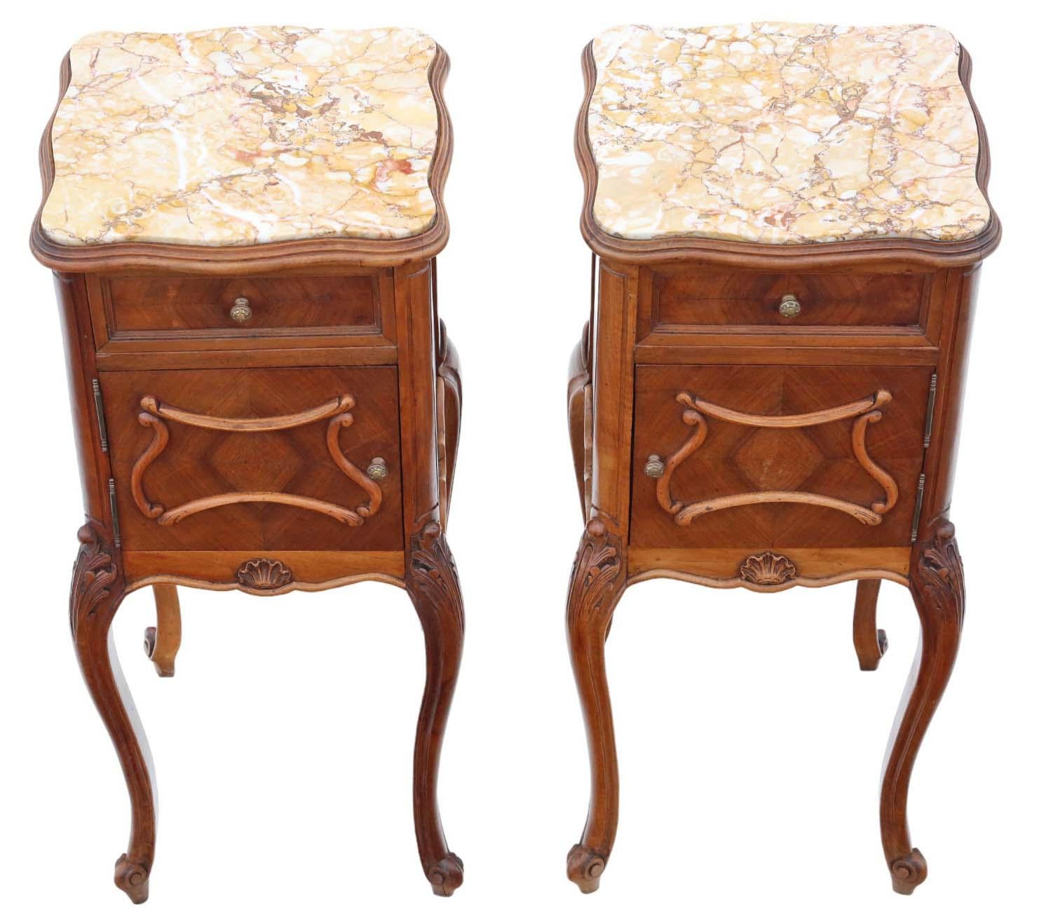 20th Century Antique quality pair of French walnut bedside tables cupboards marble tops For Sale