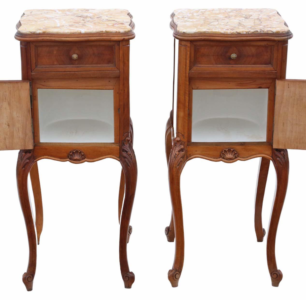 Cherry Antique quality pair of French walnut bedside tables cupboards marble tops For Sale