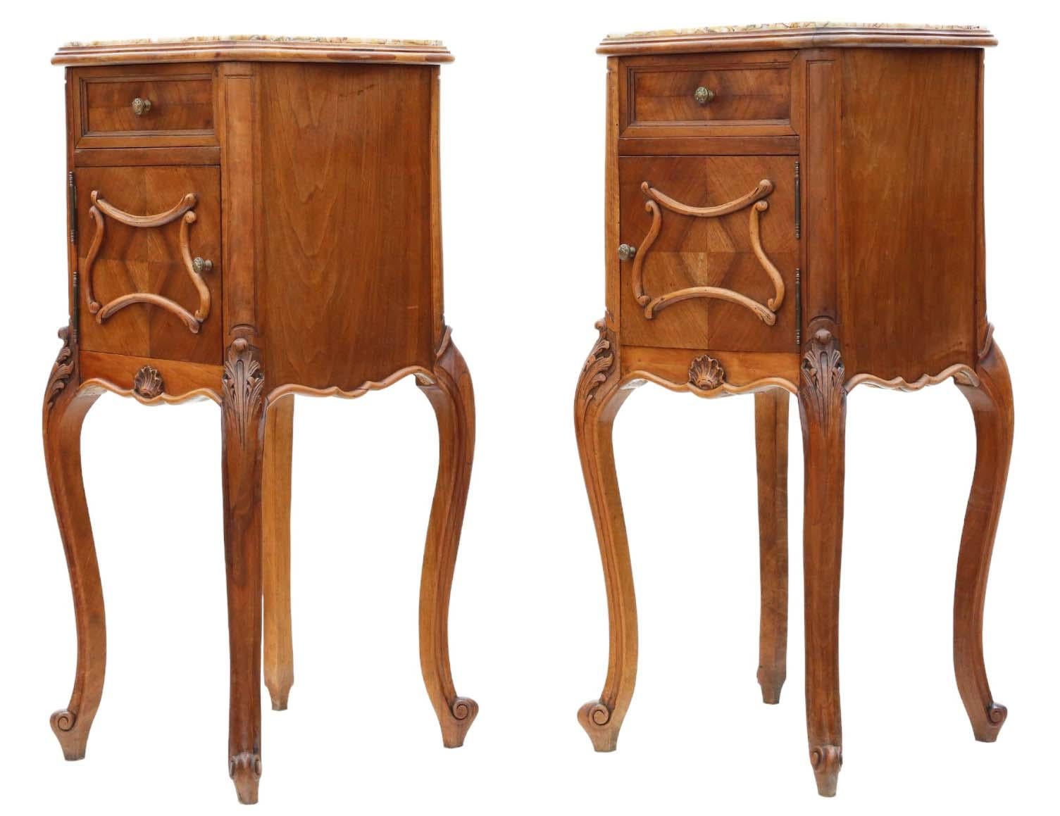 Antique quality pair of French walnut bedside tables cupboards marble tops For Sale 1