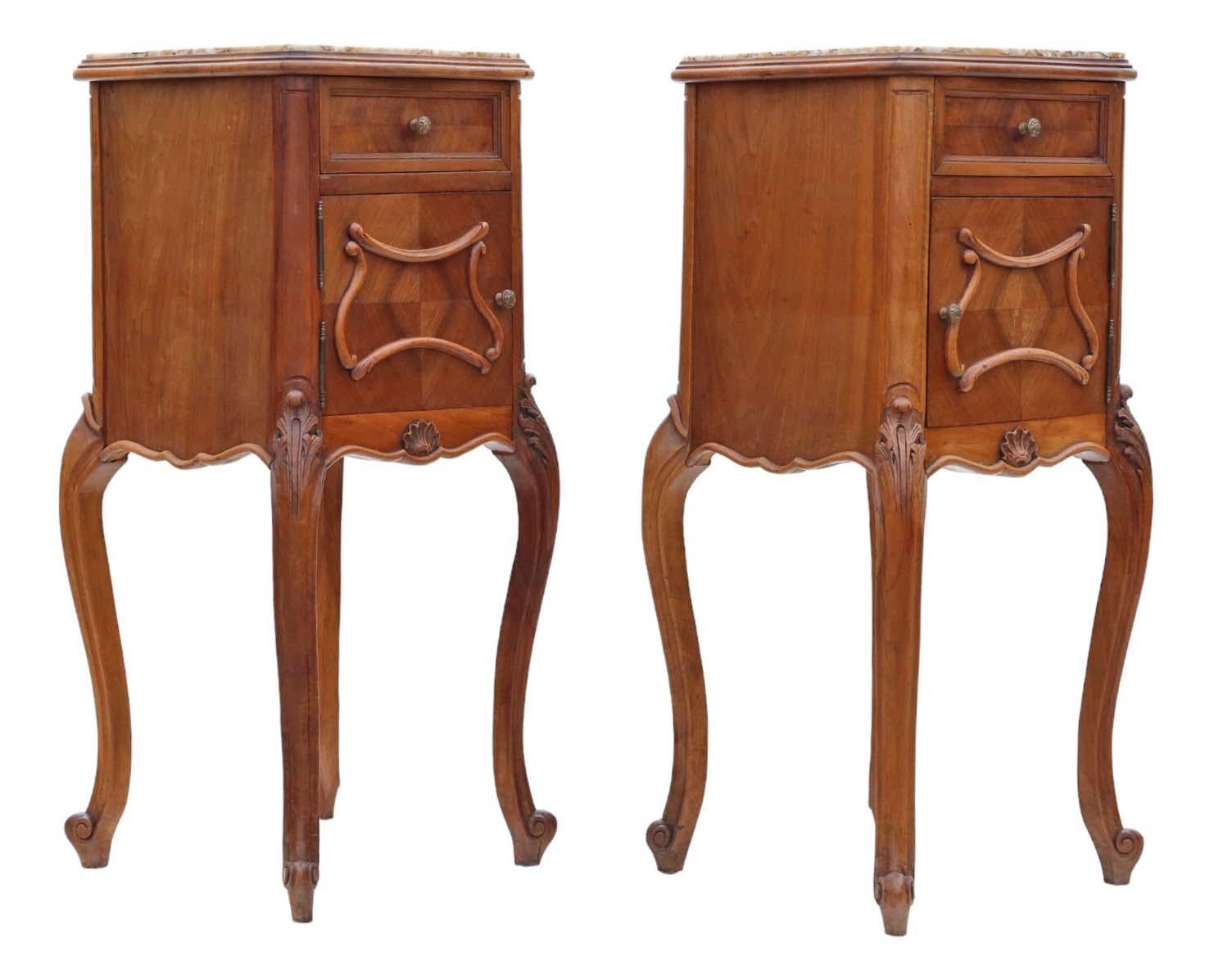 Antique quality pair of French walnut bedside tables cupboards marble tops For Sale 2