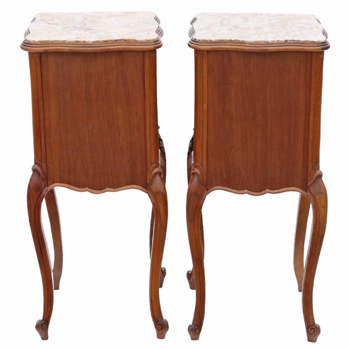 Antique quality pair of French walnut bedside tables cupboards marble tops For Sale 3