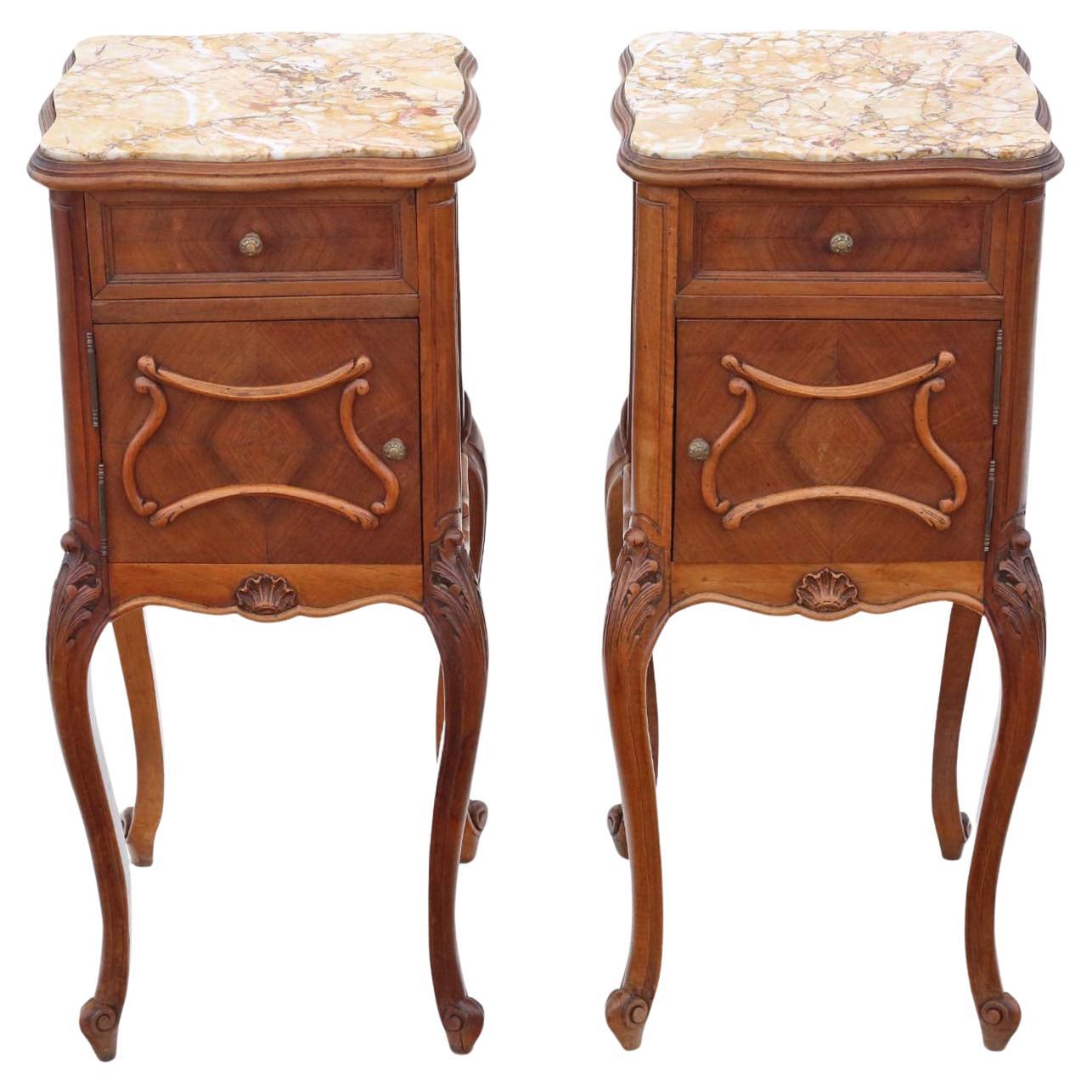Antique quality pair of French walnut bedside tables cupboards marble tops For Sale