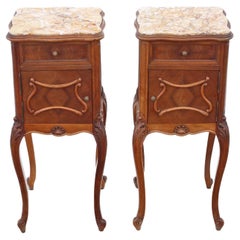 Antique quality pair of French walnut bedside tables cupboards marble tops