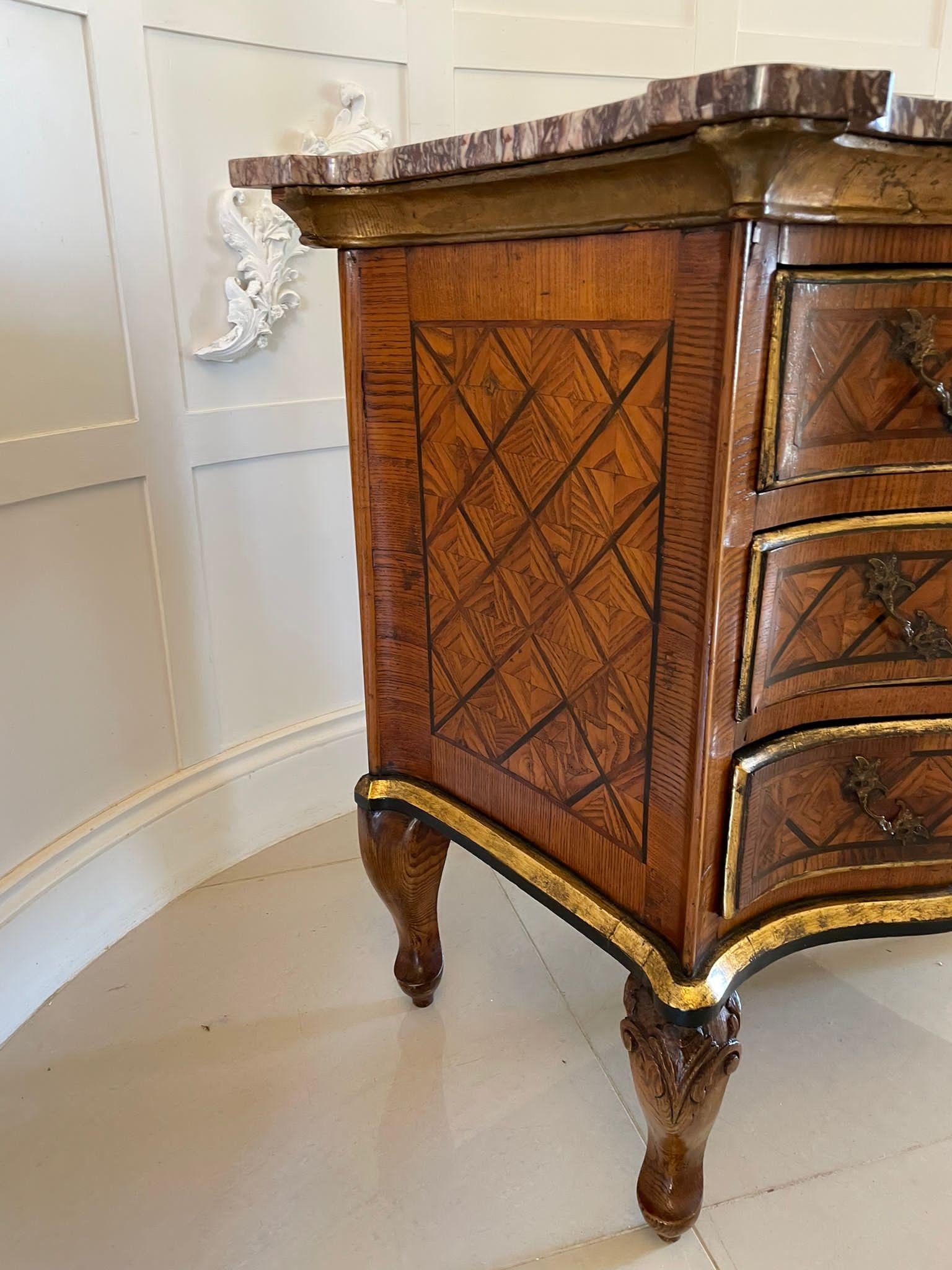 Antique Quality Parquetry Inlaid Serpentine Shaped Marble Top Commode Chest For Sale 4