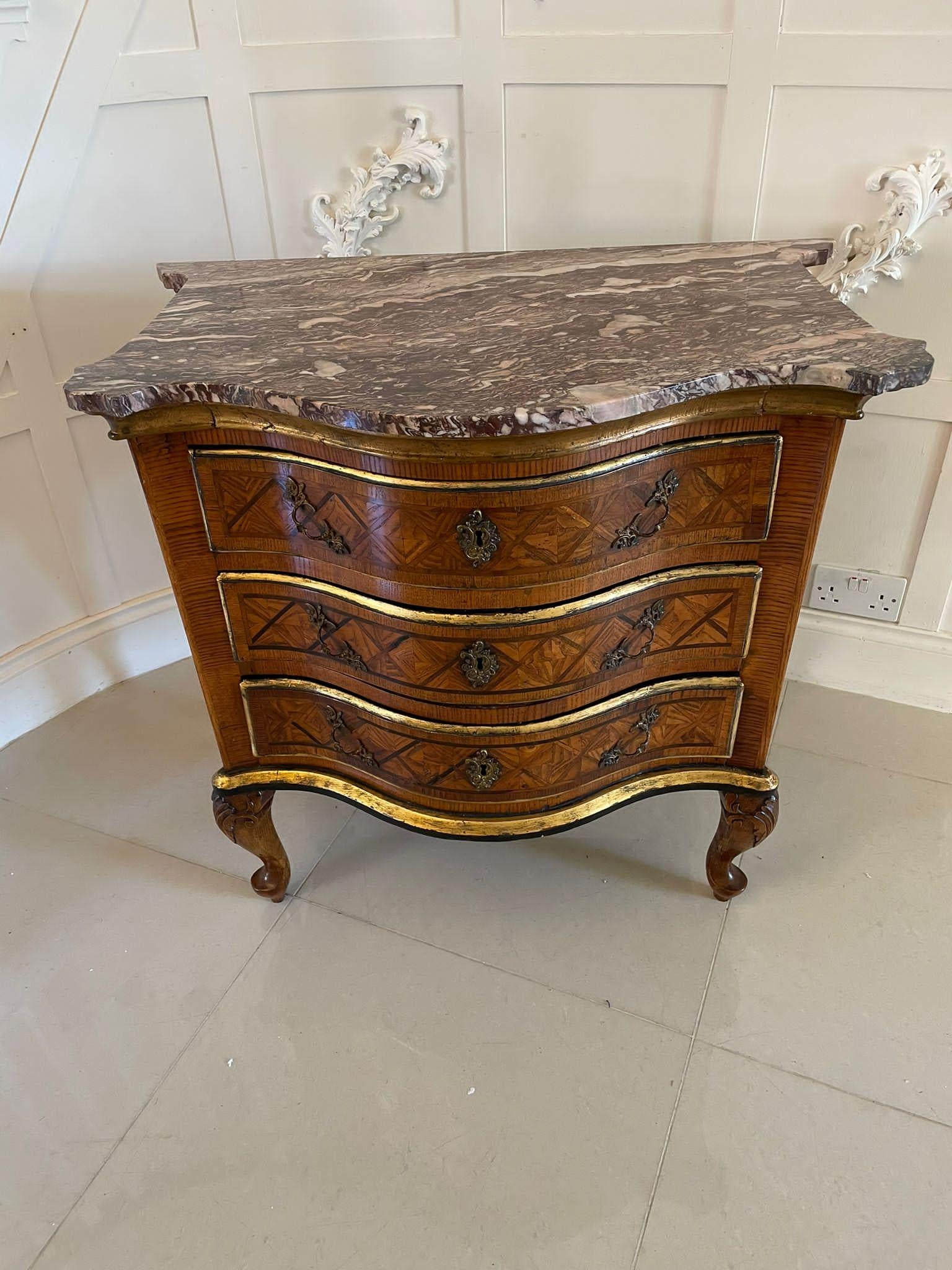 Antique Quality Parquetry Inlaid Serpentine Shaped Marble Top Commode Chest For Sale 5
