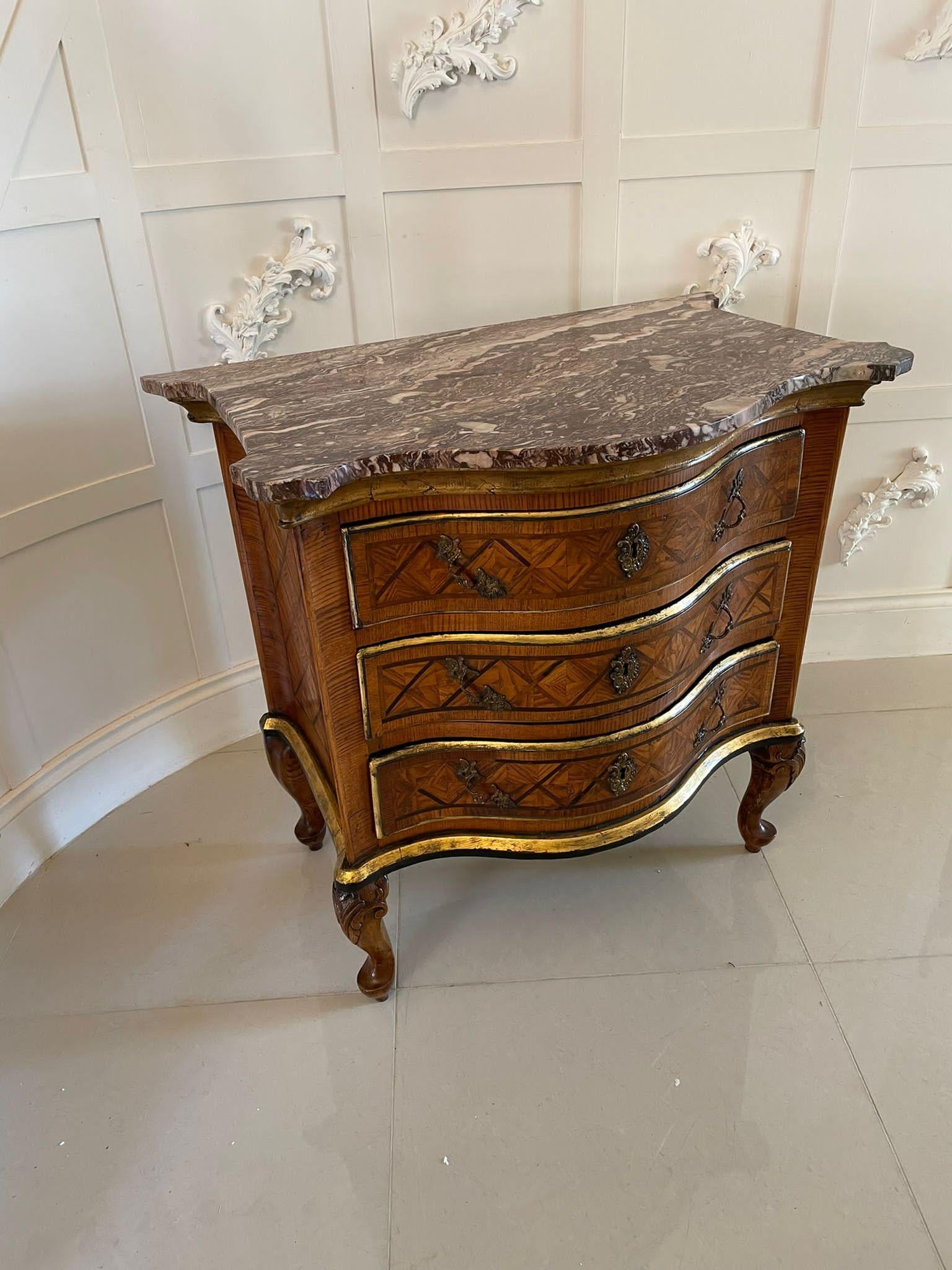 Antique Quality Parquetry Inlaid Serpentine Shaped Marble Top Commode Chest For Sale 7