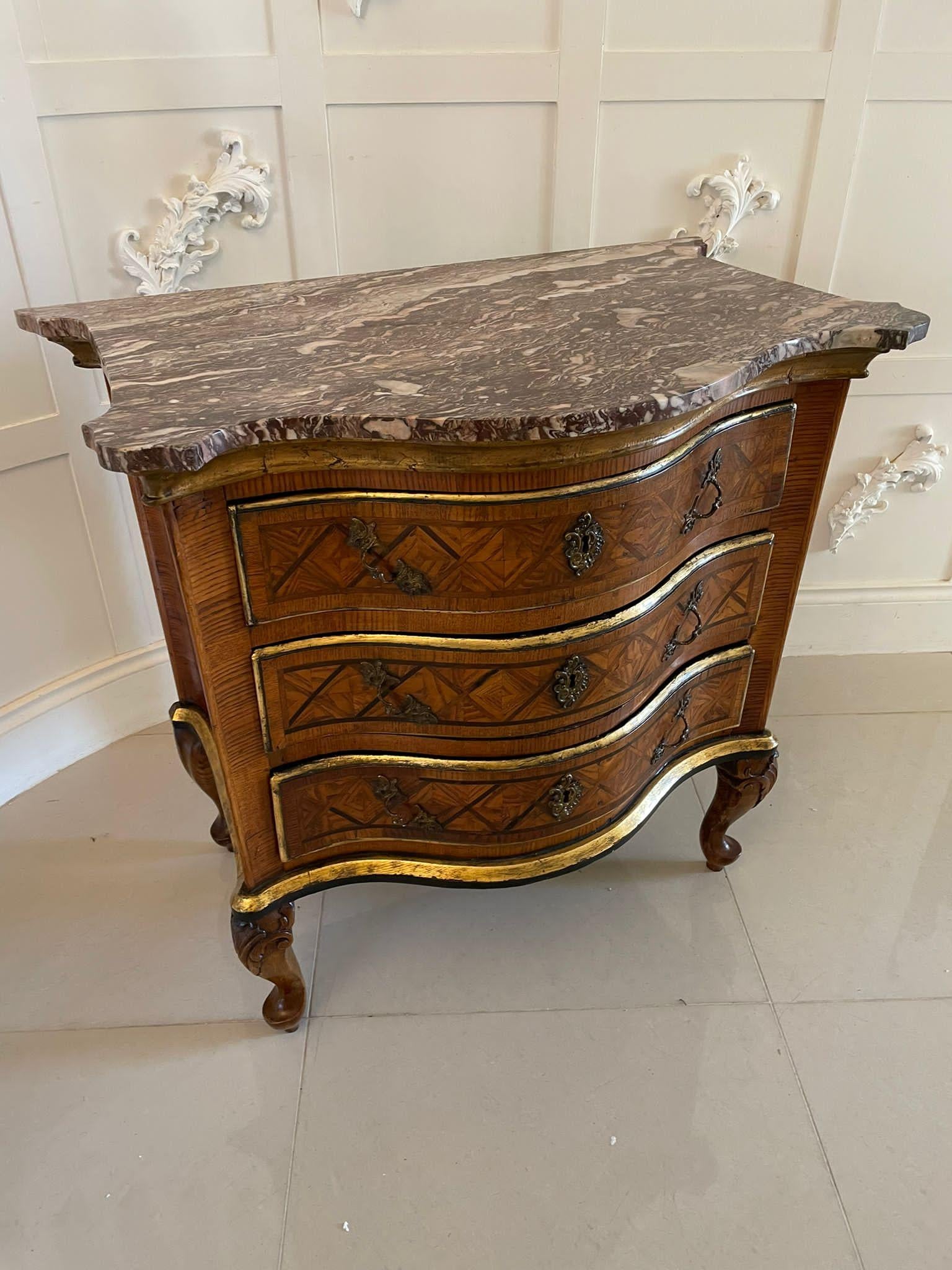 Antique Quality Parquetry Inlaid Serpentine Shaped Marble Top Commode Chest For Sale 8